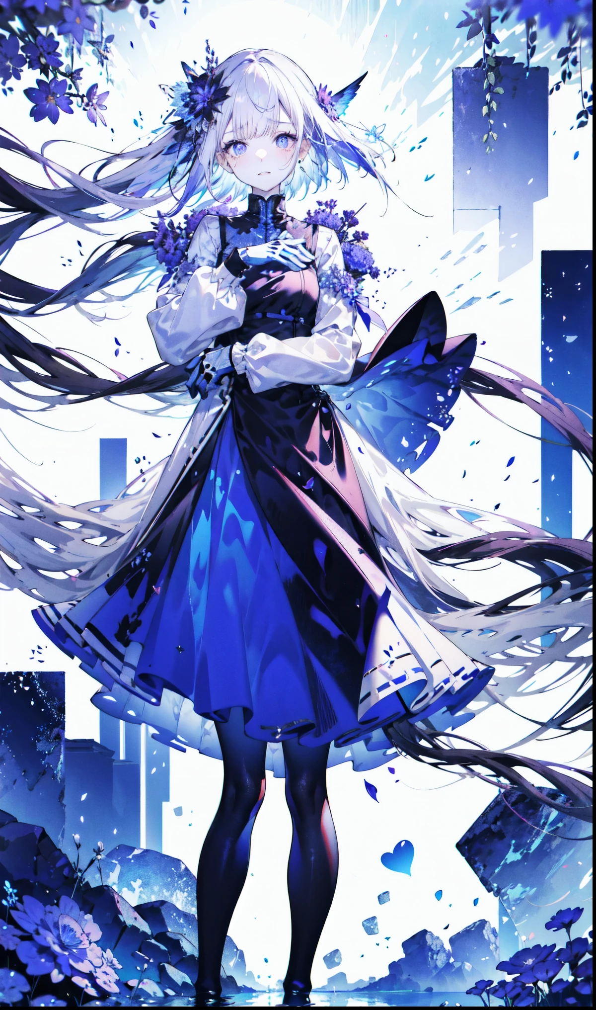 （（masterpiece：1.4，best quality）），（Super detailed），（Extremely detailed eyes），（black leggings，Shiny socks：1.5），Hello Darkness
（Cute girls），15 years old，（Blood-red pupils，Diamond-shaped pupil：1.15），Purple Eyeshadow，（elongated hair，Thick hair，Single ponytail，shiny hair：1.5）（Changes through：1.2），White skin，despair，sad，Empty eyes，tears streaming down my face，tilting its head to the side，kneel
（She wears blue armor，A blue dress，：1.5），（blue gloves：1.4）Very long plush sleeves，White，White Cloud，Dream bubbles ，Ice and glitter effects
（Black long skirt：1.1），
（dawn：1.2），
（Intense black and white：1.16），（Depth of Field：1.4），，Intricate details，(Castle in the Sky，Standing by the lake，Purple flowers by the lake)