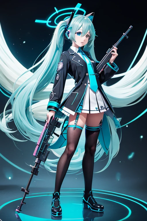 (full body) Hatsune Miku in  uniform with a shotgun