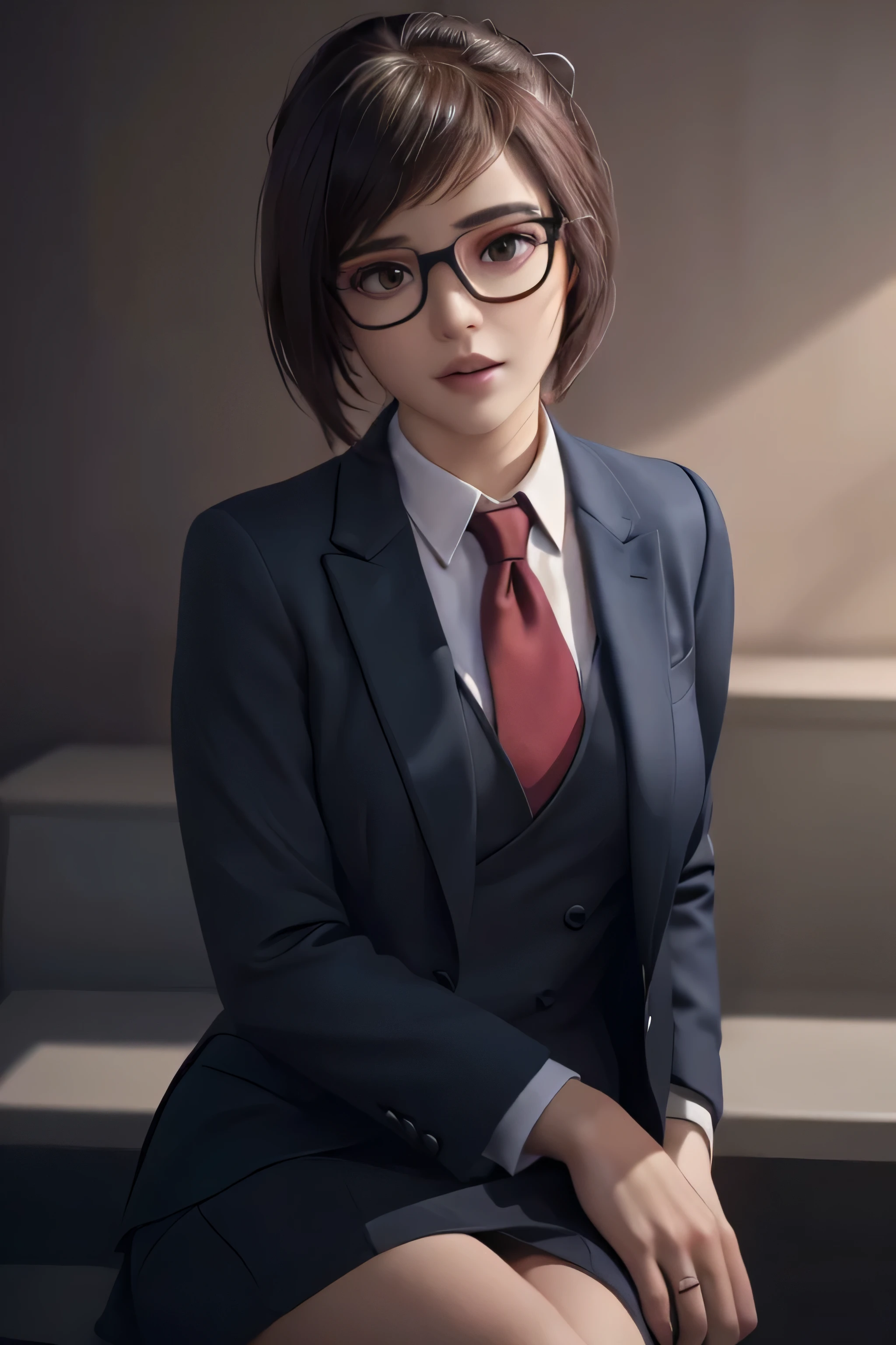 realistic, realism, photorealism, photo-realistic, high contrast, (photorealistic:1.4), 8k high definition detailed realistic,  (best quality, masterpiece:1.2),  photon mapping, radiosity, physically-based rendering, best quality, highly detailed, 1girl, owmei, cream skirt suit, suit and tie, (((three-piece suit))), pink silk dress shirt with white collar, shirt and tie, (((maroon necktie))), ((blazer)), ((suit jacket)) ((waistcoat with lapel)), (((bodycon pencil miniskirt))), formal, business, red lipstick, smile, hair bun, glasses, sitting, (((high collar))), (((tailored bespoke suit))), hair pin, bedroom eyes, smirk, confident, cufflinks