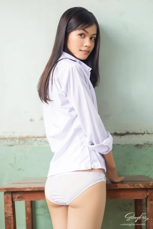 Indonesian school girl wearing white panties, bottomless