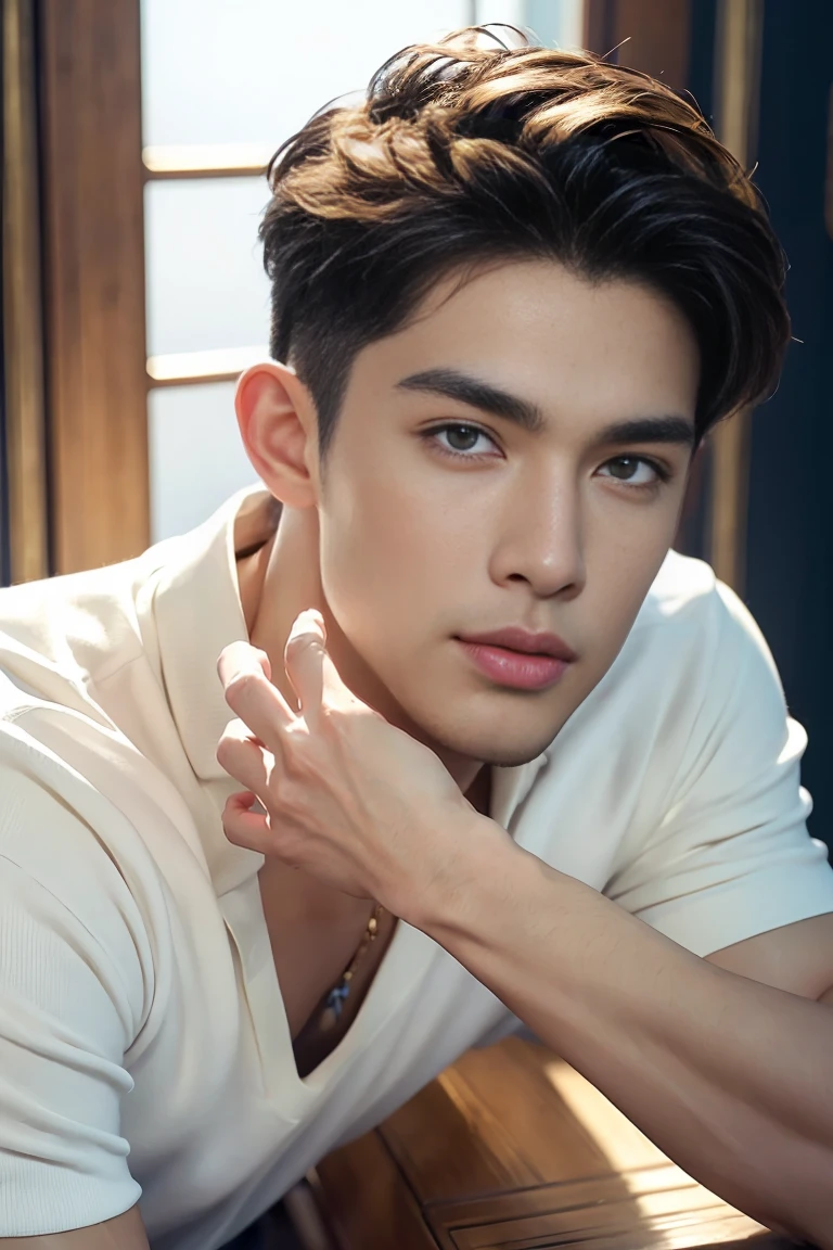 Ultra wide angle，((masterpiece)),((best quality)),8K,High Detail,Very detailed, 2 handsome muscular boys，Very manly，golden brown eyes，Fashionable short hair，Vivid male image, fashion pose, masculine expression，Real skin texture, ((Perfect hand details))，((Real and complete hand details))，Light,
Royal blue style couple，White male model photos