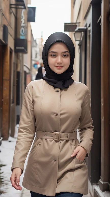 (best quality,4k,8k,highres,masterpiece:1.2),ultra-detailed,realistic,photorealistic:1.37, beautiful detailed eyes, beautiful detailed lips, extremely detailed face, long eyelashes, intimate view, classic oil painting, soft lighting, vibrant colors, warm tones, atmosphere, young and beautiful 19 year old Serbian hijab girl, slim and slender, timid expression, flawless skin texture, perky, gentle breeze, sexy and feminine pose, light smile, wearing winter coat, naked inside, walking on a dark alley, winter time, night, {{{Front POV}}}.