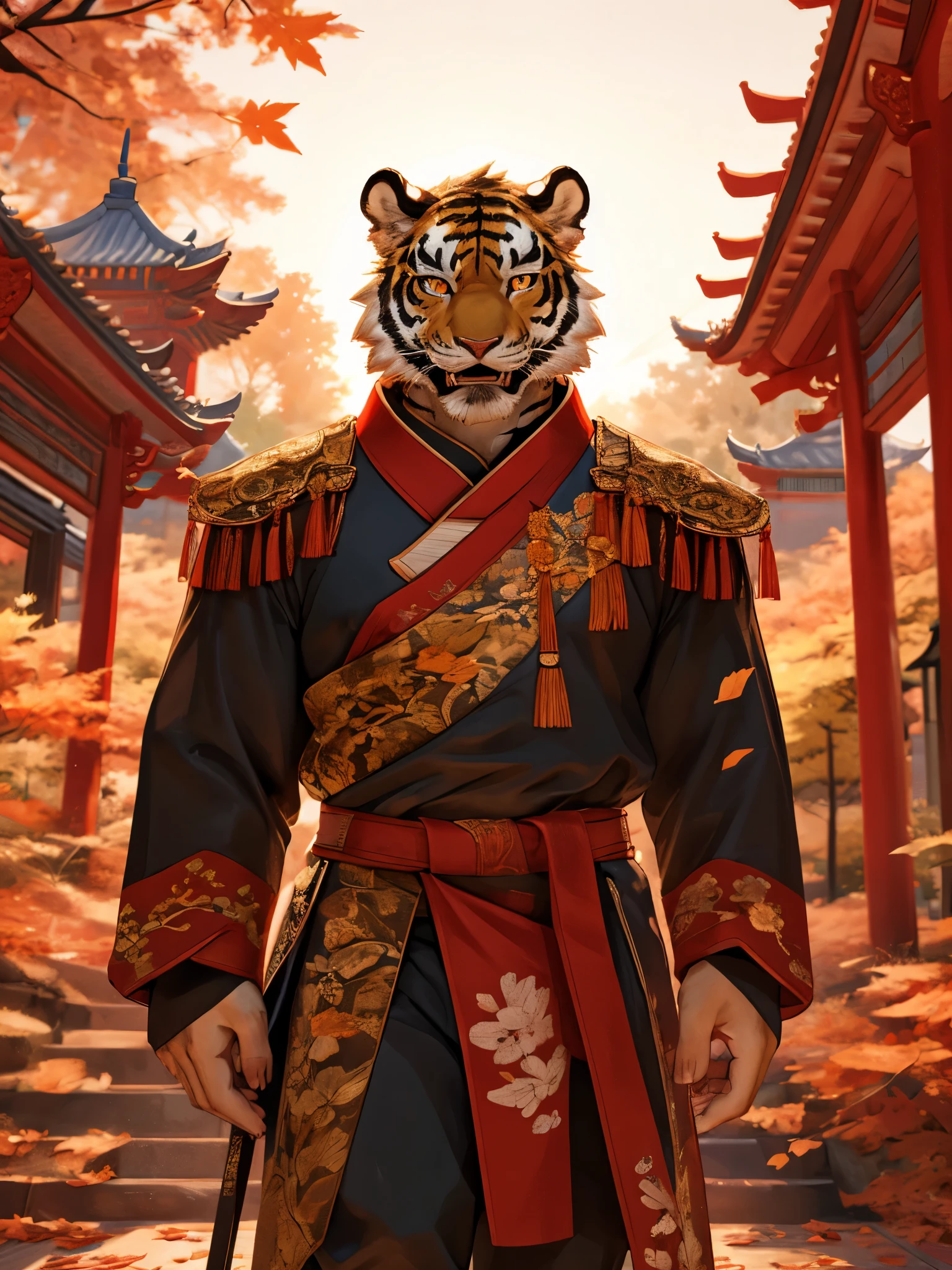 Close up, there's a teenager tiger in traditional Chinese warrior outfit, Sexybody, Muscular, veins, full body, anthropomorphic, extra detailed body, detailed body, Best quality, masterpiece, ultra high res,detailed background,realistic, real shadow and light, depth of field, (looking at viewer), open mouth, golden eyes, angry face, Chinese warrior, evening, maple tree, Windy, maple leaves.