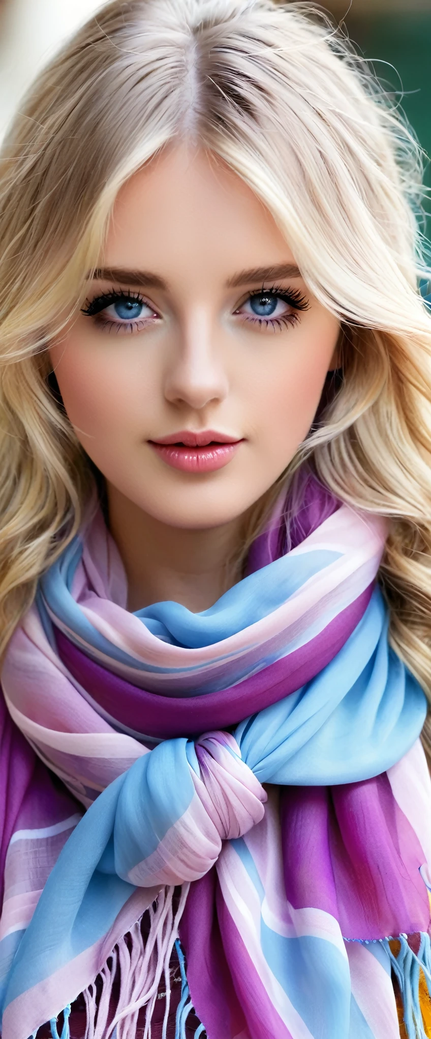 with high definition images，Beautyの写真1girl、bangs、Platinum Blonde Hair、blue eyes、Blue scarf(Tied in a knot)、Brown scarf(Loose drape)、Long eyelashes、A detailed face with subtle makeup、Hair falling between the eyes、鮮やかなpinkに塗られた唇、Long hair cascading down like a halo around the face、 Staring straight at the viewer、With one eye closed and a playful wink、orange、purple、pink、The yellow scarves were cleverly placed、Realistic and realistic depiction、Beauty，Seaside town