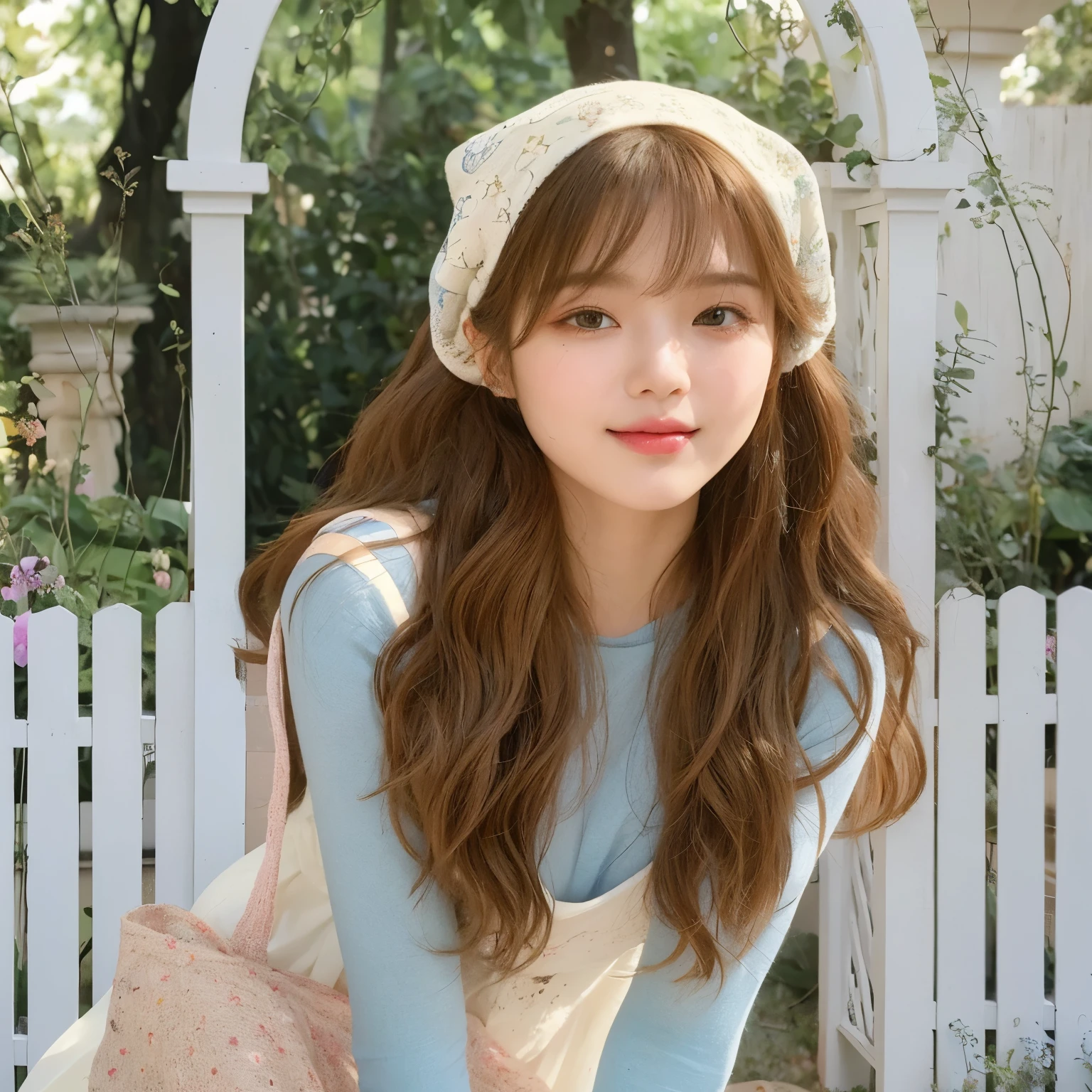 masterpiece, best quality, girl in blue and white dress，Wearing an off-white hollow knitted headscarf on her head，Facing the camera，Long hair，Honey brown long curly hair，Wool Curly Hairstyle，19 years old，Sweet girl，a girl，Exquisite facial features，