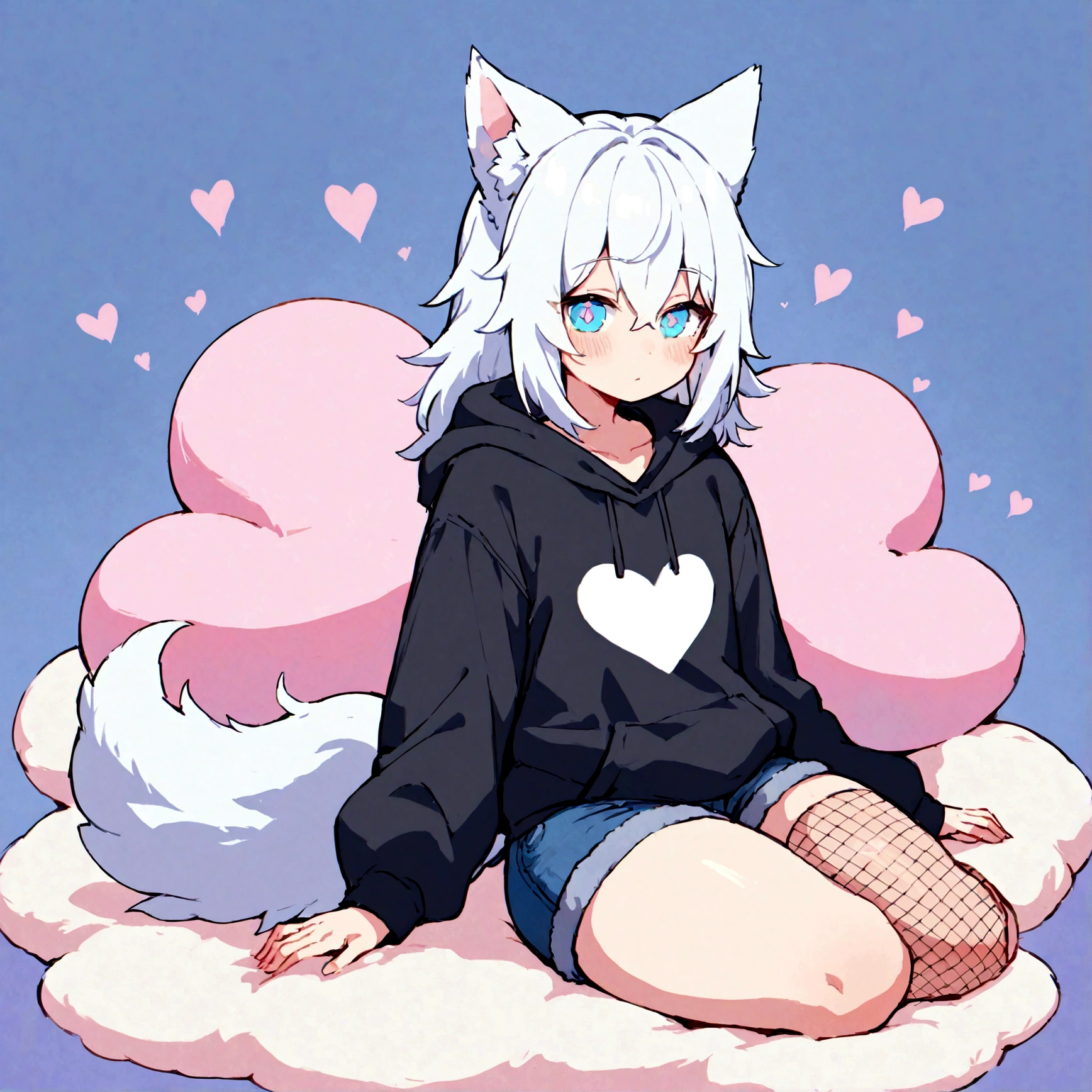 a cute adult male with wolf ears, white hair, has a wolf tail, wearing a loose cropped oversized black hoodie, wearing a pair of denim short shorts and fishnet stockings, thick thighs, wide hips, relaxing on mound of fluffy multi colored kawaii plushies, short, very slim, showing slender tummy, stretching out, heart on hoodie, squishy thighs, has glowing blue eyes. alone, solo (ALONE)(SOLO)