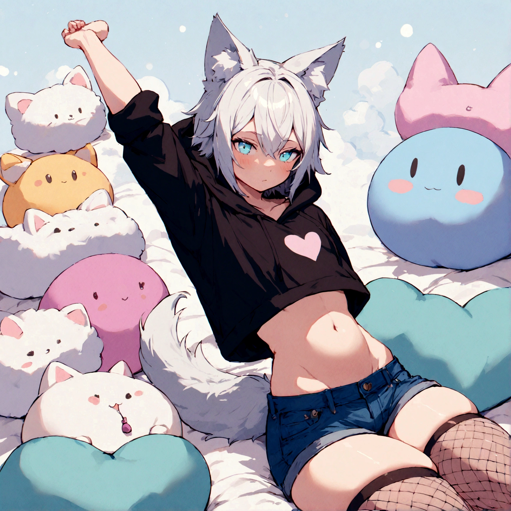 a cute adult male with wolf ears, white hair, has a wolf tail, wearing a loose cropped oversized black hoodie, wearing a pair of denim short shorts and fishnet stockings, thick thighs, wide hips, relaxing on mound of fluffy multi colored kawaii plushies, short, very slim, showing slender tummy, stretching out, heart on hoodie, squishy thighs, has glowing blue eyes. alone, solo (ALONE)(SOLO)