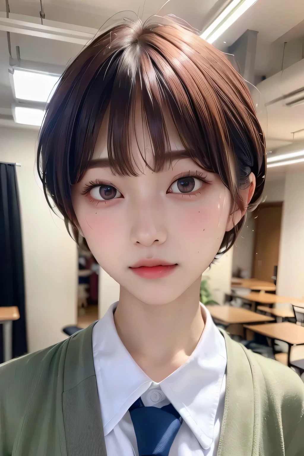 (highest quality:1.3)、(Masterpiece:1.4)、Raw photo、8K、((Best image quality))、 ((High resolution))、Beautiful face in every detail、Realistic human skin、Gentle expression、(One Woman:1.3)、Realistic、Photorealistic、short hair、(Beautiful woman)、((Cool Japan girl))、(boyish:1.3)、mannish、((Beautiful woman))、(Beautiful Hair)、((Dark brown hair))、(Blushing:1.5)、(Fashion Model:1.4)、((Every woman admires her face))、((Her eyes are big))、20 year old beauty、(Small face)、Small Head、((Long neck))、(High school girls)、uniform、(Japanese high school uniform)、(High school girlsのuniform)、White button-up shirt、tie、(The aspirations of young people)、((The center of attention in school))、everyone will love her、