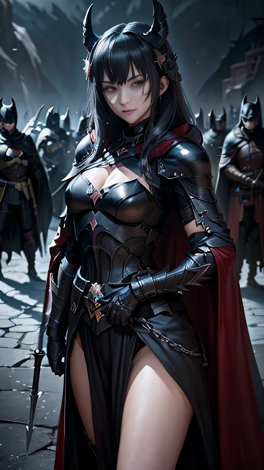 highest quality、masterpiece、8k、Realistic、超High resolution、Very delicate and beautiful、High resolution、Cinema Lighting、medium range shooting、Portraiture、Perfect Male Body:1.6、Opposition、Looking at the audience、((Dark Knights of Another World、Jet Black Armor、Red glowing eyes、Sharp blade、Cloak of Darkness、Steel Gloves、Dark Aura))、((Dark Knights Squad:1.4))、Cold look、black magic、Evil coat of arms、Battle scars、Black Horse、Wicked Ritual、Cursed Shield、ancient magic book、Otherworldly Wilderness、Overwhelm the enemy、Ruthless Combat Techniques、A heart controlled by the power of darkness、An endless battle、Strategies in the Dark、Bringer of Despair、Dark Pact、A frightening appearance、Corrupted Chivalry、Jet Black Steel、Kingdom of Another World、Symbol of Destruction。