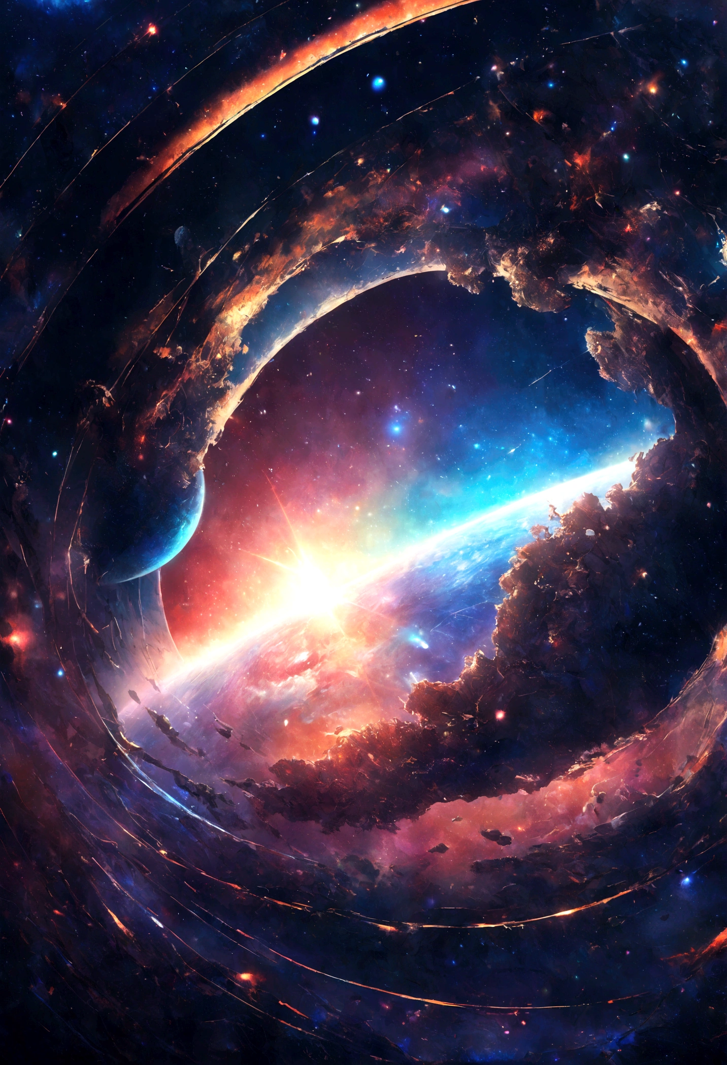 a detailed macro shot of a piece of debris or space dust floating near the neon planet’s rings, highlighting the intricate details and textures of the celestial particles
