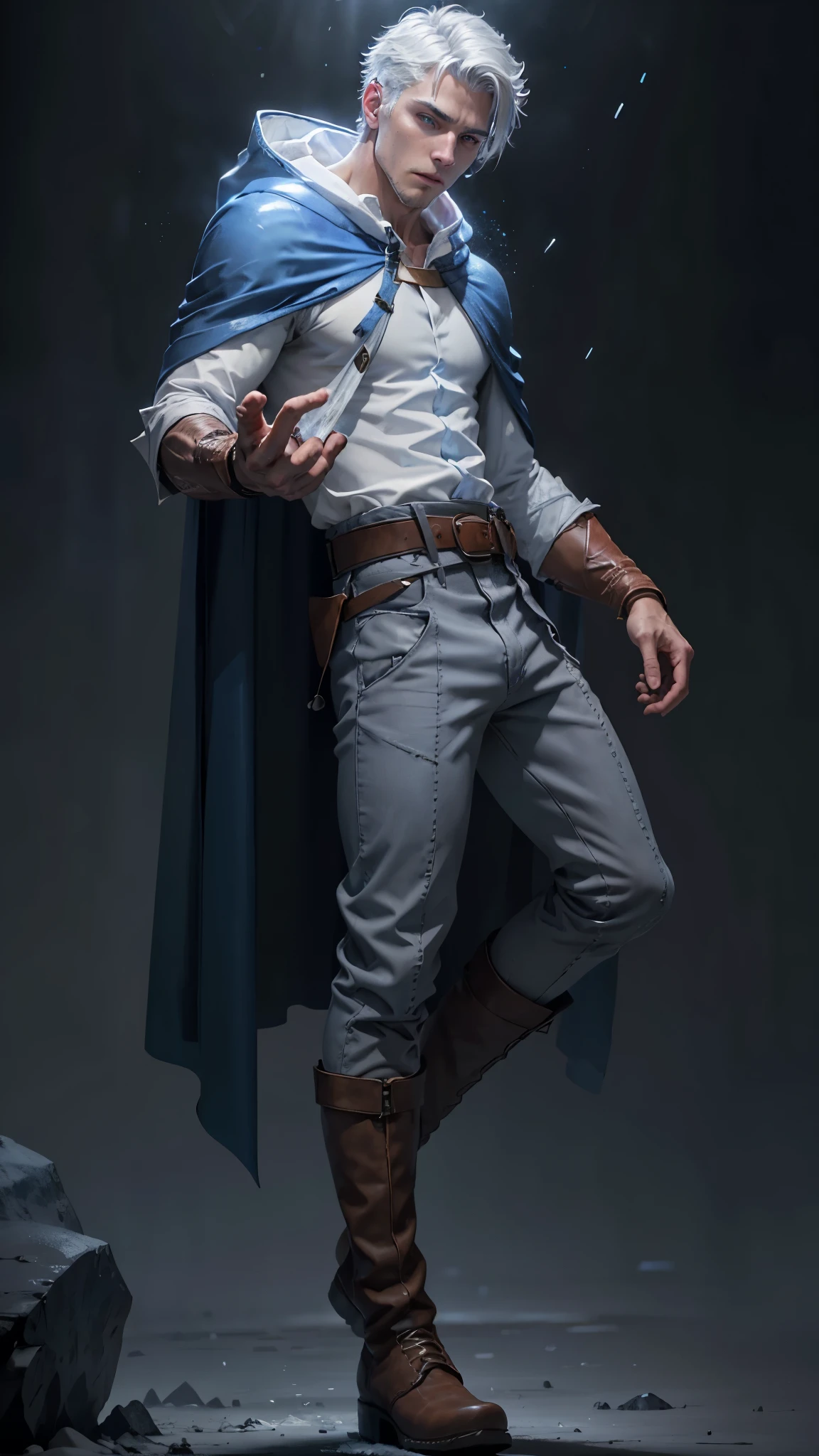 Design 1wizard man shooting a ice beam. Young man with a transparent hooded cape.Light gray hair Gray eyes Wearing a white button-down shirt Wearing blue pants Wearing a brown belt Wearing short brown boots Wearing blue gloves on your hands. epic.cinematografico. Shooting ice