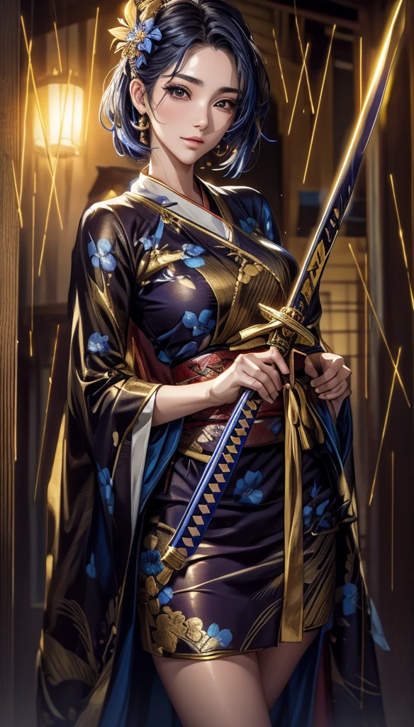 Japanese sword in right hand、All-gold kimono、The kimono has a lustrous blue floral pattern.、A flashy golden kimono、The kimono is thigh-length、The face remains the same、The blade of the Japanese sword is shining brightly.、Sengoku period、Blue flower hair ornament、Thighs exposed、Night Rain、Dark Night、The moonlight shines faintly