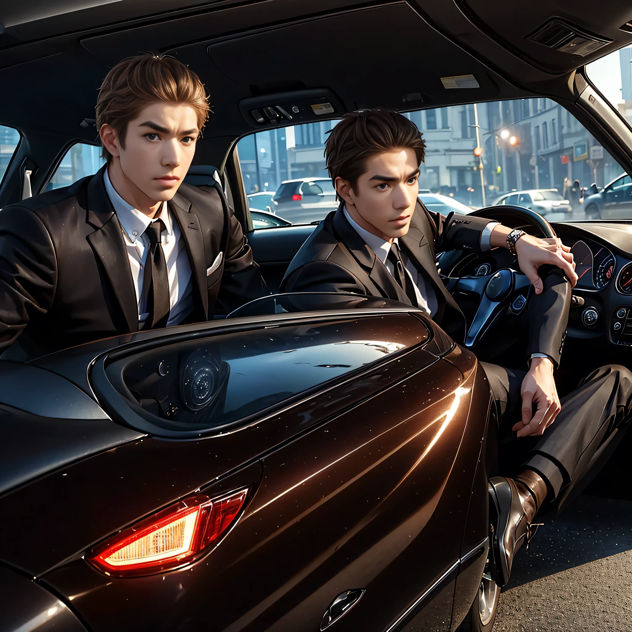 A suit and leather shoes，Handsome confident brown-haired 28-year-old man getting out of a sports car。High-definition graphics，Asians with three-dimensional facial features，Modern emotional city，separate，Chic，Light and shadow details，Delicate lines，daytime，The characters in the picture have vivid expressions，Body language is powerful，Make details richer。