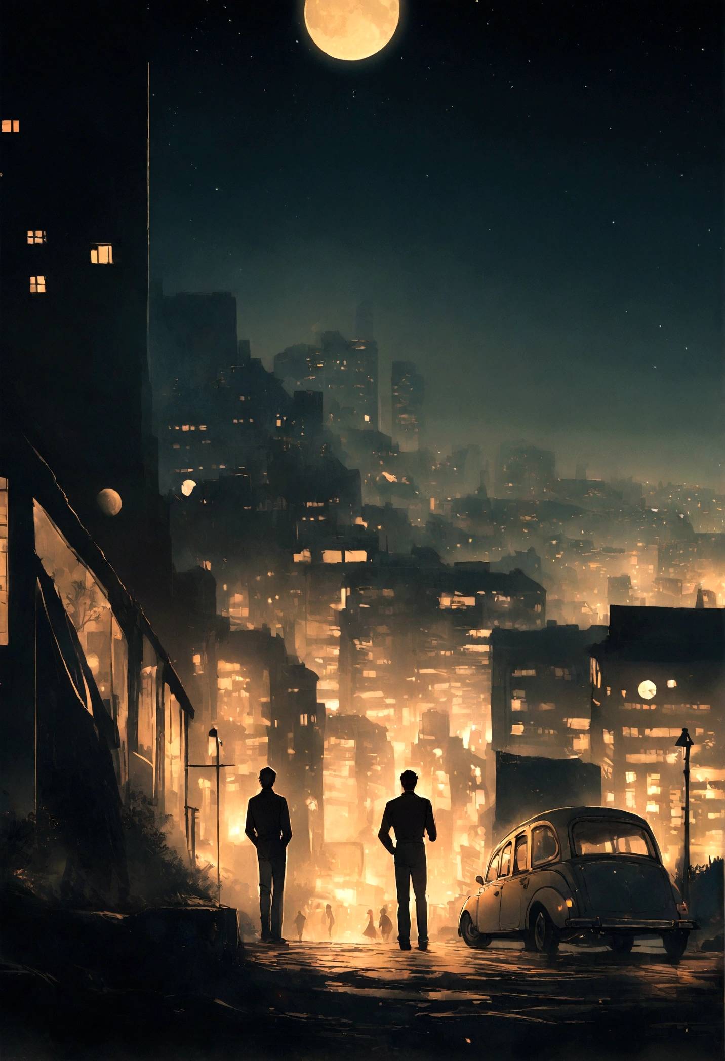 Blurred night view of Seoul city, The light of the car, Flickering buildings, The city's demolition, And the moon rising in the distance forms the background. One man stands with his back turned. The stars shining above the man shine softly. Under the man's feet, a broken clock and an hourglass are visible. The overall color is vintage and warm