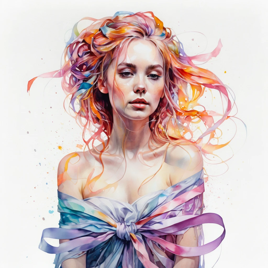 (8k, best quality, masterpiece:1.2),(best quality:1.0), (ultra highres:1.0), acrylic colors, a beautiful woman, shoulder, hair ribbons, by agnes cecile, full body portrait, extremely luminous bright design, pastel colors, (ink:1.3), autumn lights, full body