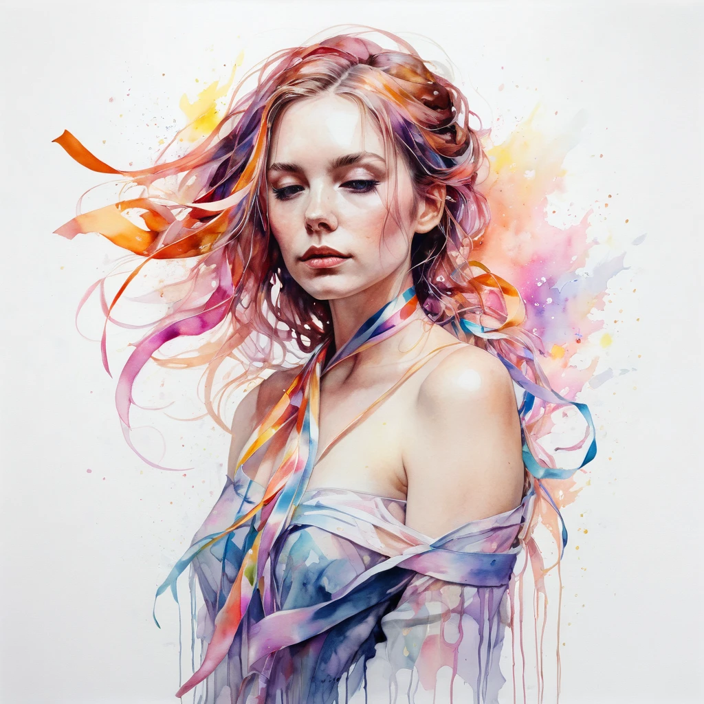 (8k, best quality, masterpiece:1.2),(best quality:1.0), (ultra highres:1.0), pencil colors, Gillian Anderson, shoulder, hair ribbons, by agnes cecile, full body photography, extremely luminous bright design, pastel colors, (ink:1.3), autumn lights, 