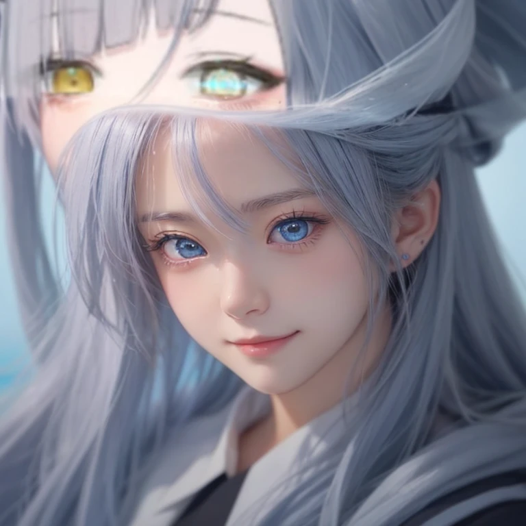 anime girl with blue eyes and long hair with a smile on her face, detailed anime soft face, kaworu nagisa, close up at face, anime eyes, middle close up shot, it has a piercing gaze, huge anime eyes, tsurime eyes, handsome anime eyes, close up of a young anime girl, detailed anime face, his eyes look wise