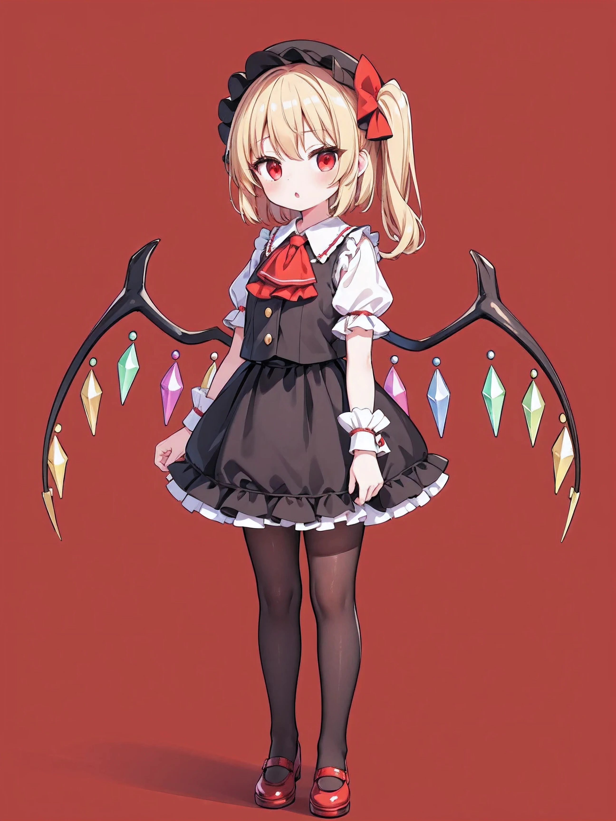 masterpiece, top quality, super detailed, CG illustration, high resolution, better lighting, best shadows, very delicate and beautiful, proper shading, hd, 8k,flandre scarlet, 1girl, solo, looking at viewer, short hair, bangs, skirt, blonde hair, simple background, shirt, red eyes, hat, white background, dress, bow, standing, full body, short sleeves, pantyhose, frills, wings, shoes, alternate costume, puffy sleeves, black skirt, :o, vest, black dress, red bow, side ponytail, wrist cuffs, black pantyhose, ascot, sparkle, black headwear, one side up, mob cap, hat bow, red footwear, frilled shirt collar, crystal, alternate color, yellow ascot