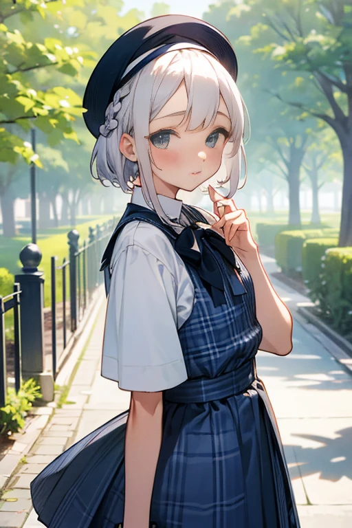 Short white hair, blush, Navy and white checked outfit、Braiding、The background is a park、