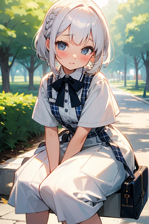 Short white hair, blush, Navy and white checked outfit、Braiding、The background is a park、