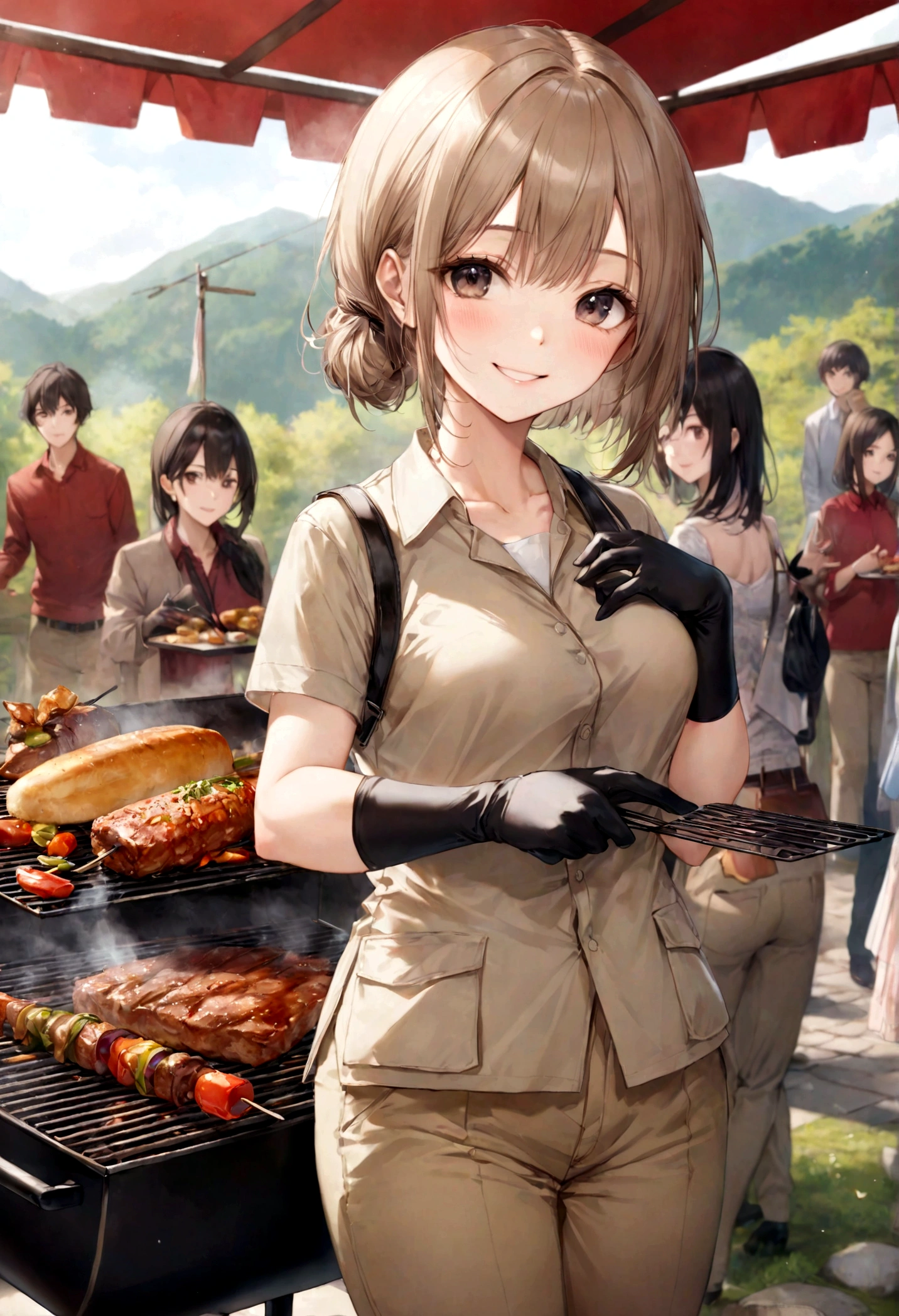 (((An incredibly beautiful adult woman wearing gloves and having a barbecue, smile)))、 (masterpiece, highest quality:1.2), 、30-year-old housewife、alone, Cowboy Shot、((胸を開いたblack革のジャンパーを着た非常に美しい女性. Wearing khaki cargo pants)))、 (((屋outsideのキャンプ場でバーベキューをしている、Grilling meat)))、 Slender but plump body、Japanese adult women as movie stars, movie premiere gala,Bright and fun atmosphere (masterpiece:1.2) (Realistic:1.2) (Bokeh) (highest quality) (detailed skin:1.2) (Intricate details) (Daytime) (8k) (High resolution) (Cinema Lighting) (Sharp focus), ((Portrait:1.2)), eyeをそらす ,(nature_skin,realskin:1.5), black_eye, outside、 (masterpiece,highest quality:1) Detailed face、