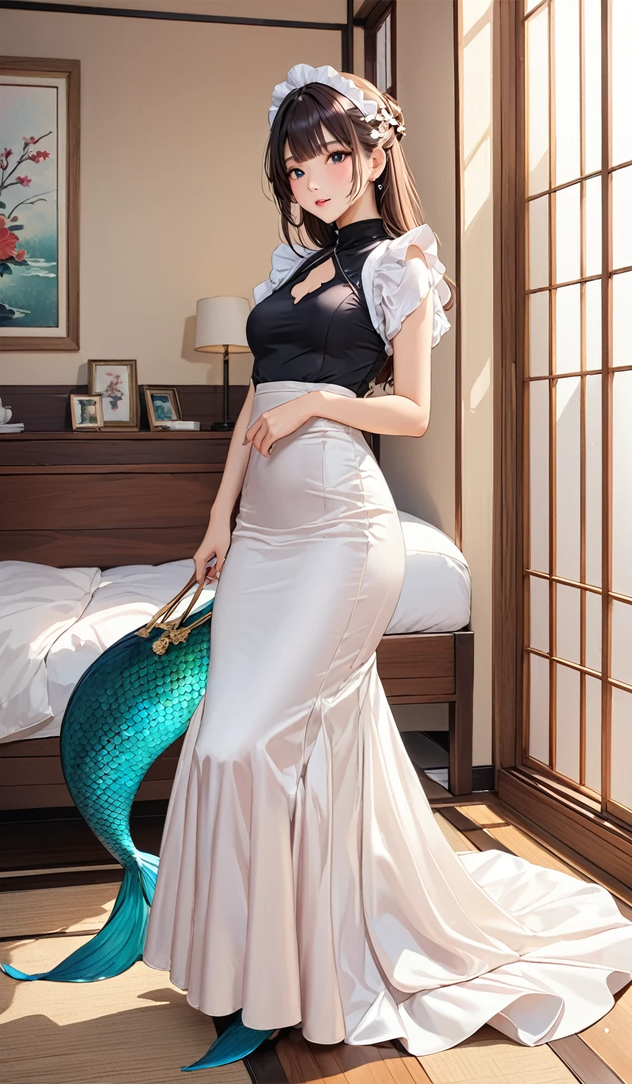 (masterpiece,highest quality,超A high resolution),Japanese women, (((Very beautiful 25 year old girl))), pretty girl、The maid dress completely covers the body, leaving the chest uncovered..、(光沢のあるSatinのライトブルーの長袖メイドドレス)、High neck shirt、Mermaid-style long skirt、Satin