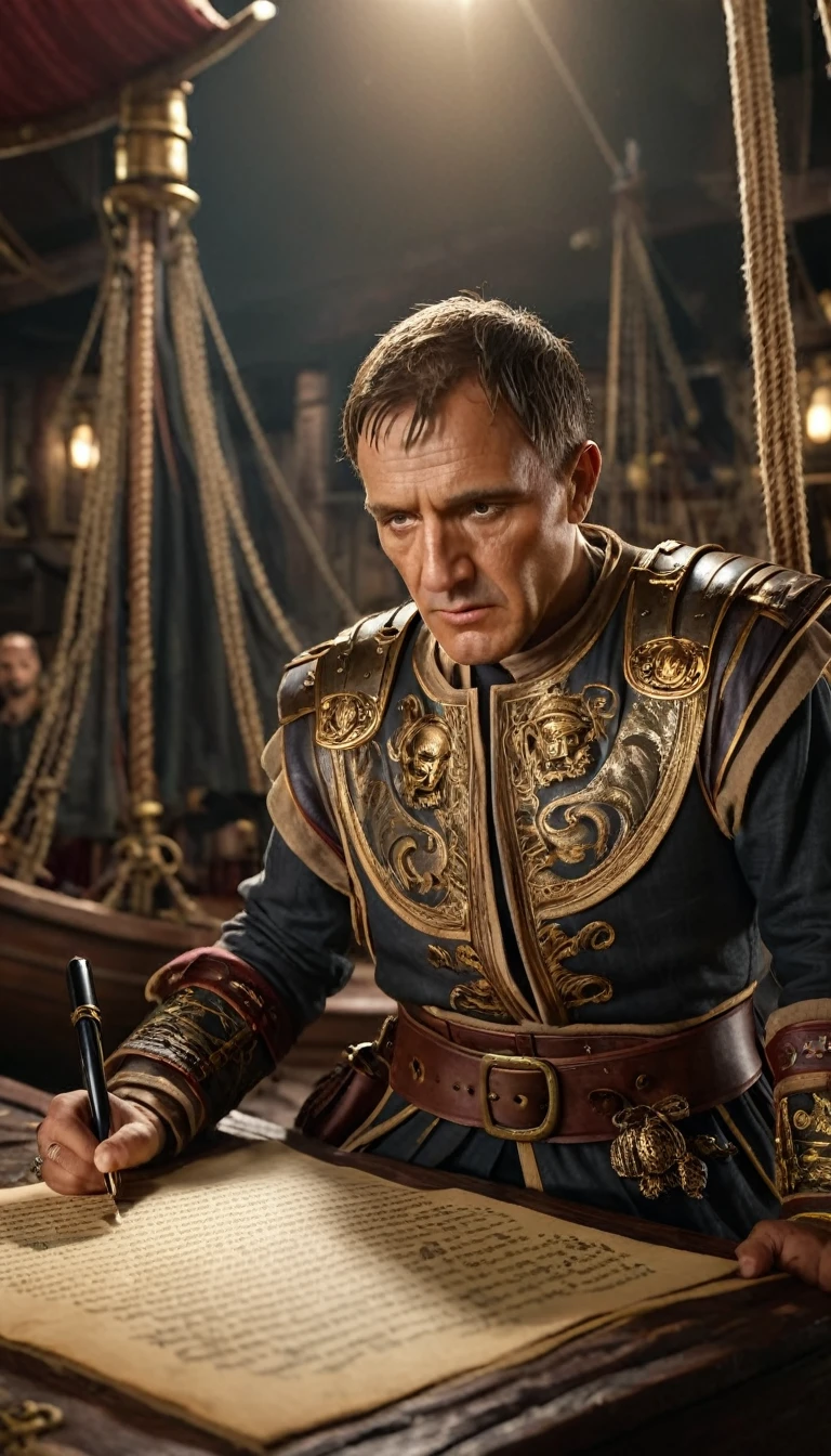 Cinematic style, Julius Caesar writing poetry on a pirate ship, background dark, hyper realistic, ultra detailed hyper realistic, photorealistic, Studio Lighting, reflections, dynamic pose, Cinematic, Color Grading, Photography, Shot on 50mm lens, Ultra-Wide Angle, Depth of Field, hyper-detailed, beautifully color, 8k, golden light from the front,