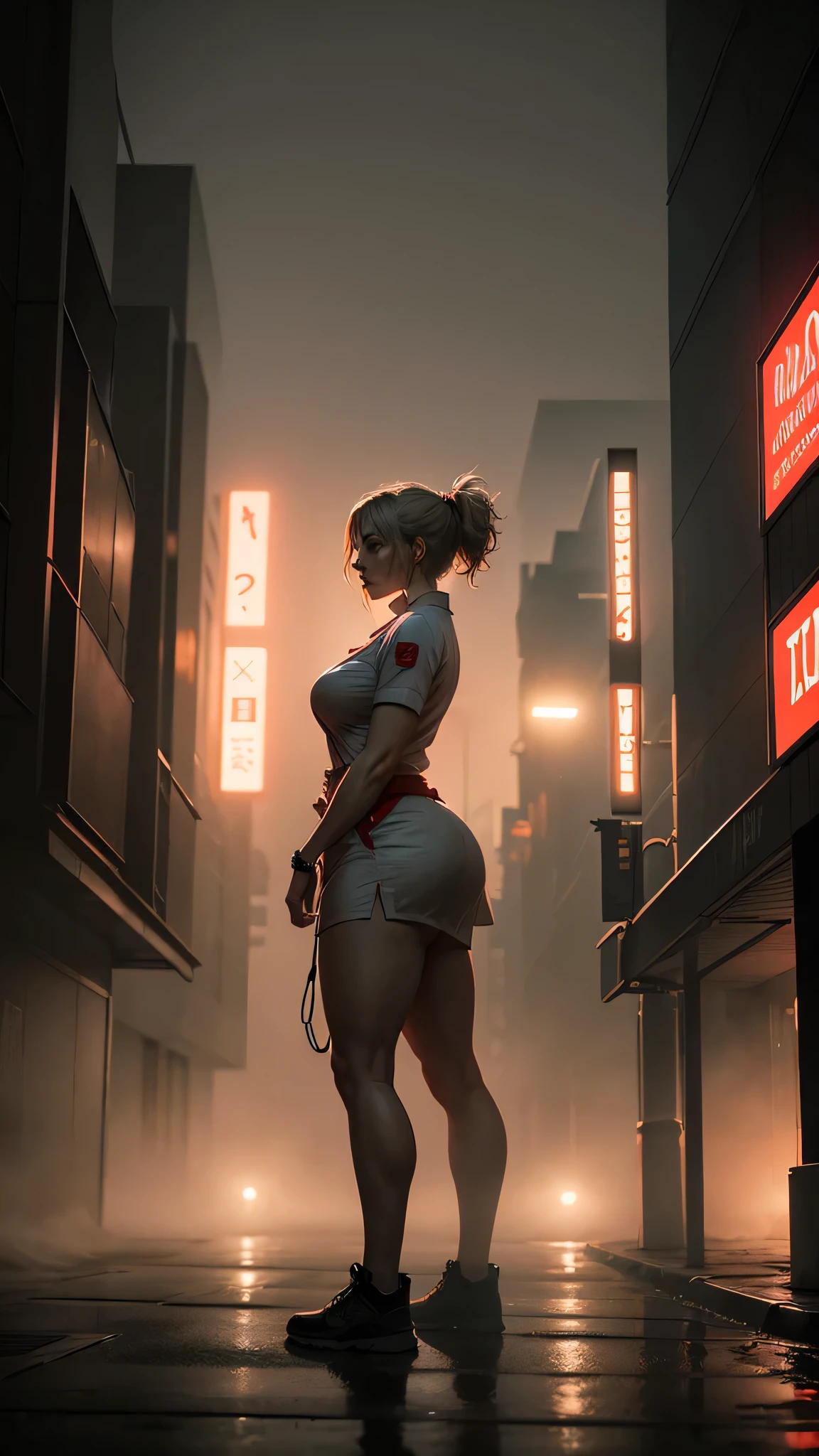 huge body woman nurse, Silent hill city, night, fog, more colours, strong stance 