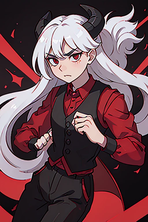 man with pale skin, crimson eyes, a bit long white hair and black goat-like horns and a manly, badass face. wearing a red shirt rolled up to the elbows, with a black dress vest buttoned on top, with black dress pants with a black tail that ends in a red triangle.