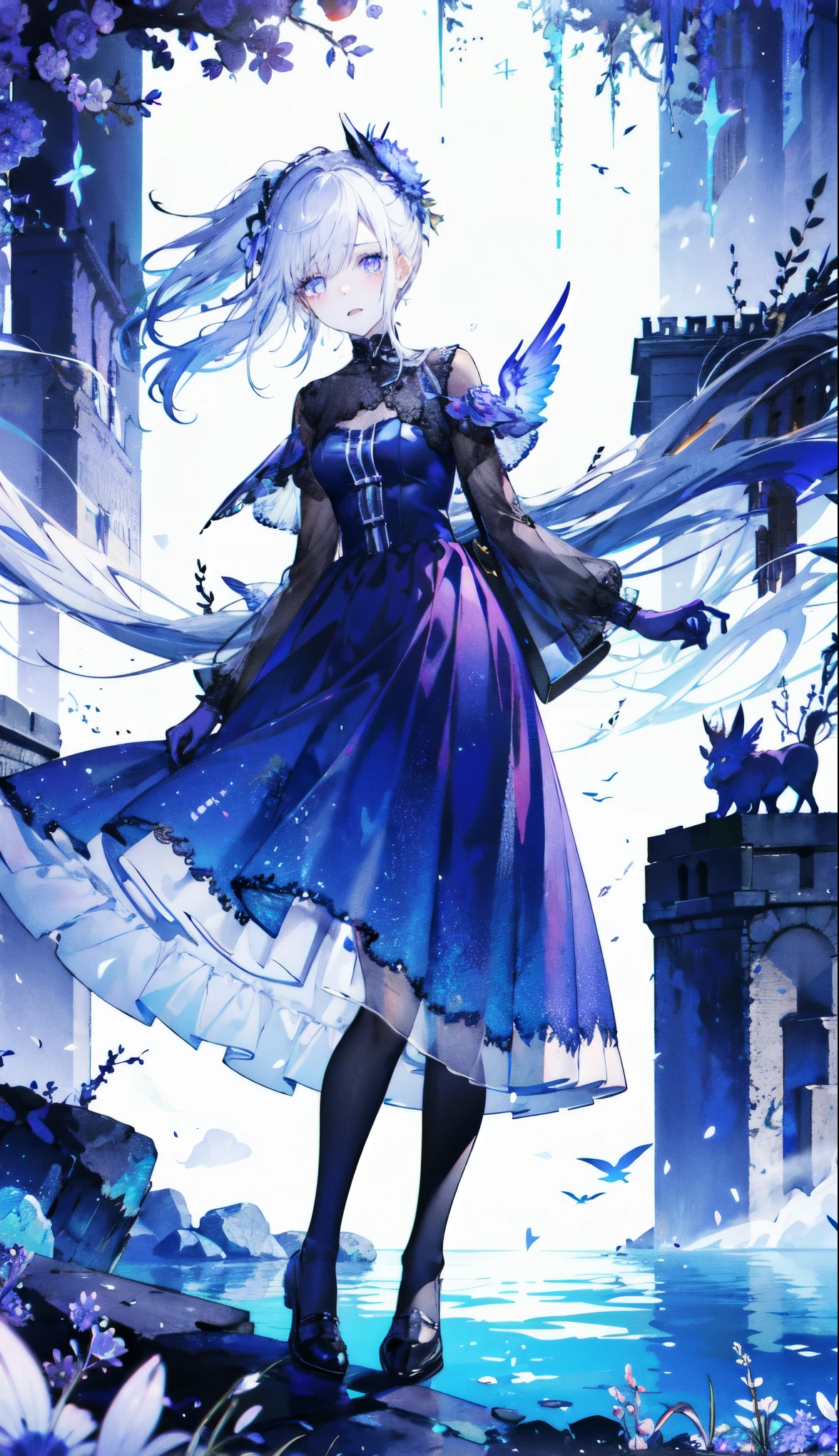 ((masterpiece:1.4,best quality)),(Super detailed),(Extremely detailed eyes),(black leggings,Shiny socks:1.5),Hello Darkness
(Cute girls),15 years old,(Blood-red pupils,Diamond-shaped pupil:1.15),Purple Eyeshadow,(elongated hair,Thick hair,Single ponytail,shiny hair:1.5)(Changes through:1.2),White skin,despair,sad,Empty eyes,tears streaming down my face,tilting its head to the side,kneel
(She wears blue armor,A blue dress,:1.5),(blue gloves:1.4)Very long plush sleeves,White,White Cloud,Dream bubbles ,Ice and glitter effects
(Black long skirt:1.1),
(dawn:1.2),
(Intense black and white:1.16),(Depth of Field:1.4),,Intricate details,(Castle in the Sky,Standing by the lake,Purple flowers by the lake)