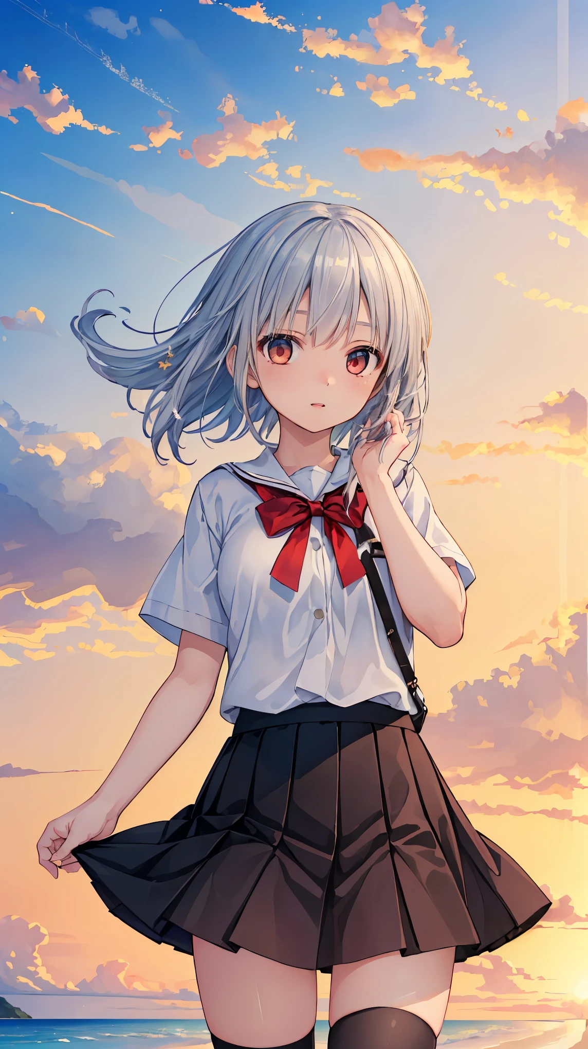 ((masterpiece)), ((highest quality)), ((High resolution)), ((Highly detailed CG Unity 8k wallpaper)), alone, tachibana kanade, Brown uniform, Black Skirt, White socks, Outdoor, face, Beach, Hanging hair, Parted hair, Silver Hair, 笑face, 