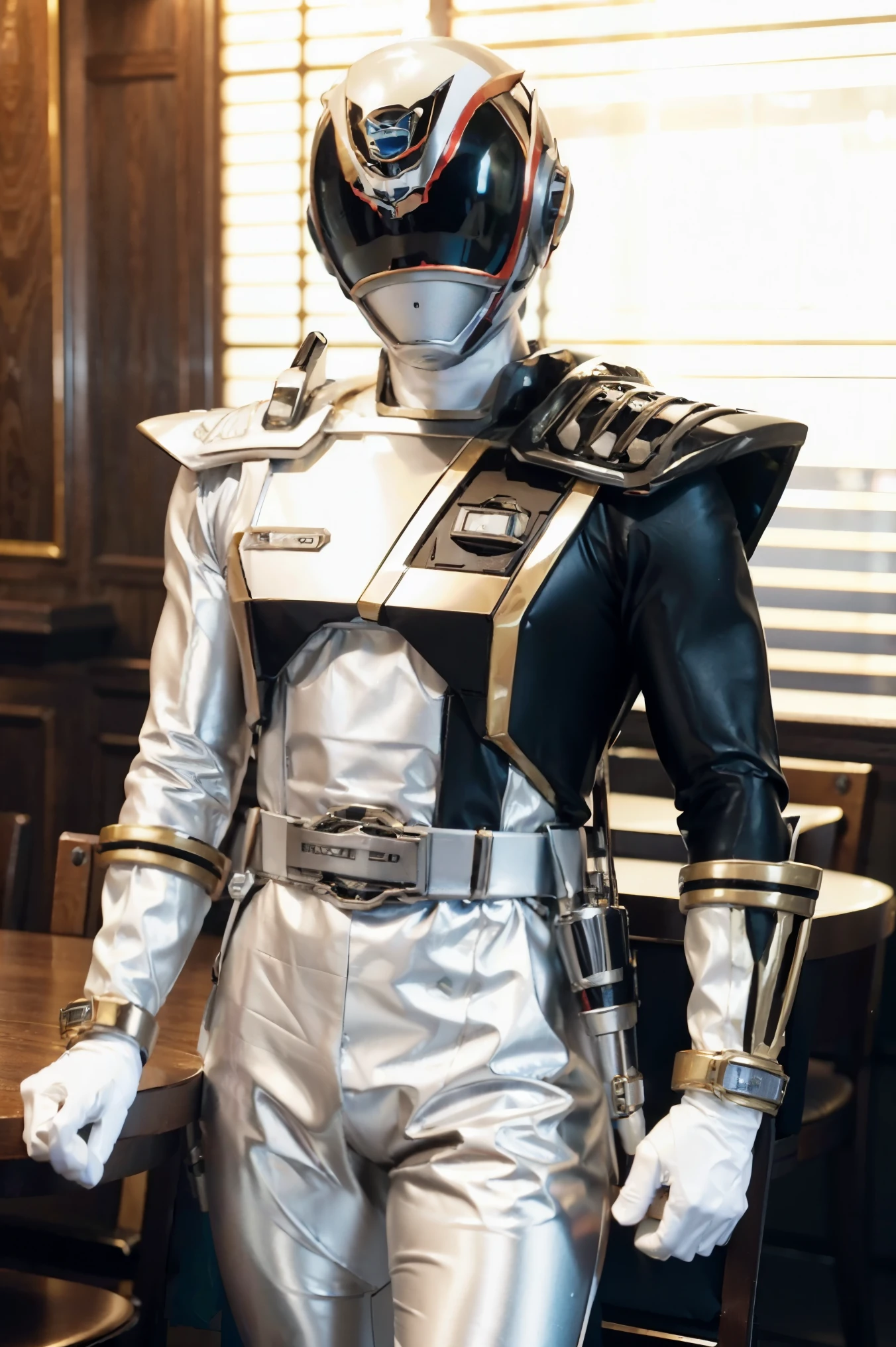 Fantasy background, cafe rpg style, empty chair, table, set of tea glass, (power rangers)), One guy、, ((white ranger suit)), red and blue chest armor with gold details,   costume, Solo, ((fit figure)), (Anatomically correct), Cowboy shot, masked face, guns, muscular build