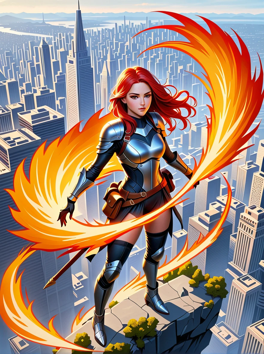 A whimsical rendering of a colossal female character with fiery red hair, depicted in a manner reminiscent of traditional non-copyrighted anime. She has dressed in an outfit fit for an adventurer, showing that she's ready to explore the world. She is positioned with one foot slightly elevated, as if about to step forward onto an unseen object or tiny individual. Ordinary-sized trees and city structures encircle her, providing a scale to measure her enormous size by. The scene is powerful and intense, celebrating the force, resilience, and distinct personality of our oversized heroine.