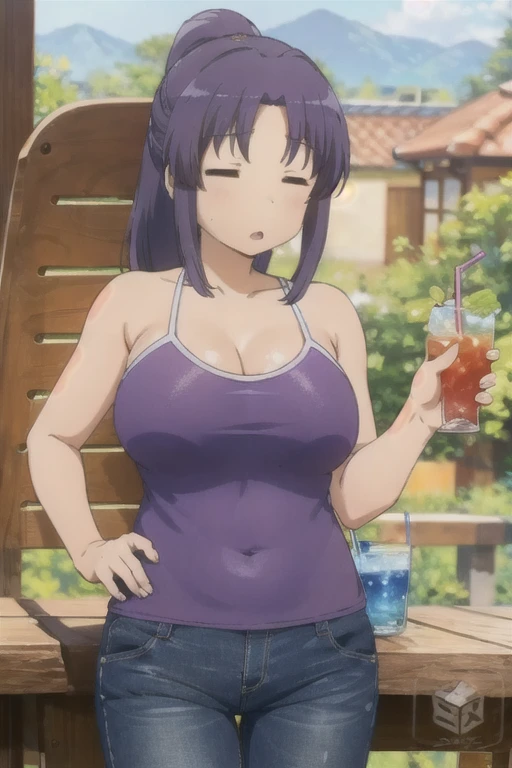 nonsensei,Jeans pants,Big Breasts,Blue swimsuit for the upper body only,Hold a drink in your left hand,
