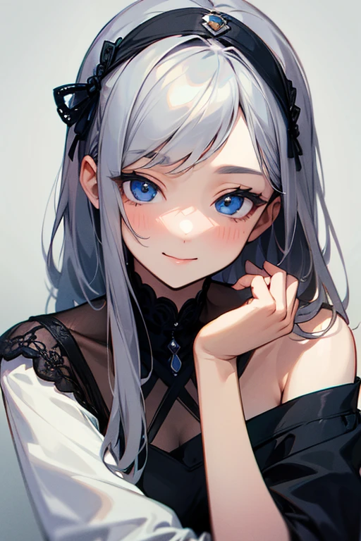 (masterpiece: 1.2, highest quality), (Actual Photos, Intricate details), 1. woman, alone, Upper Body, casual, Shoulder-length hair, Minimal makeup, Natural materials, Face close-up, smile, Home, Gray Hair, blue eyes, Shoulder Bare、優しいsmile、the face remains the same、gorgeous hair accessory、Cute pose、