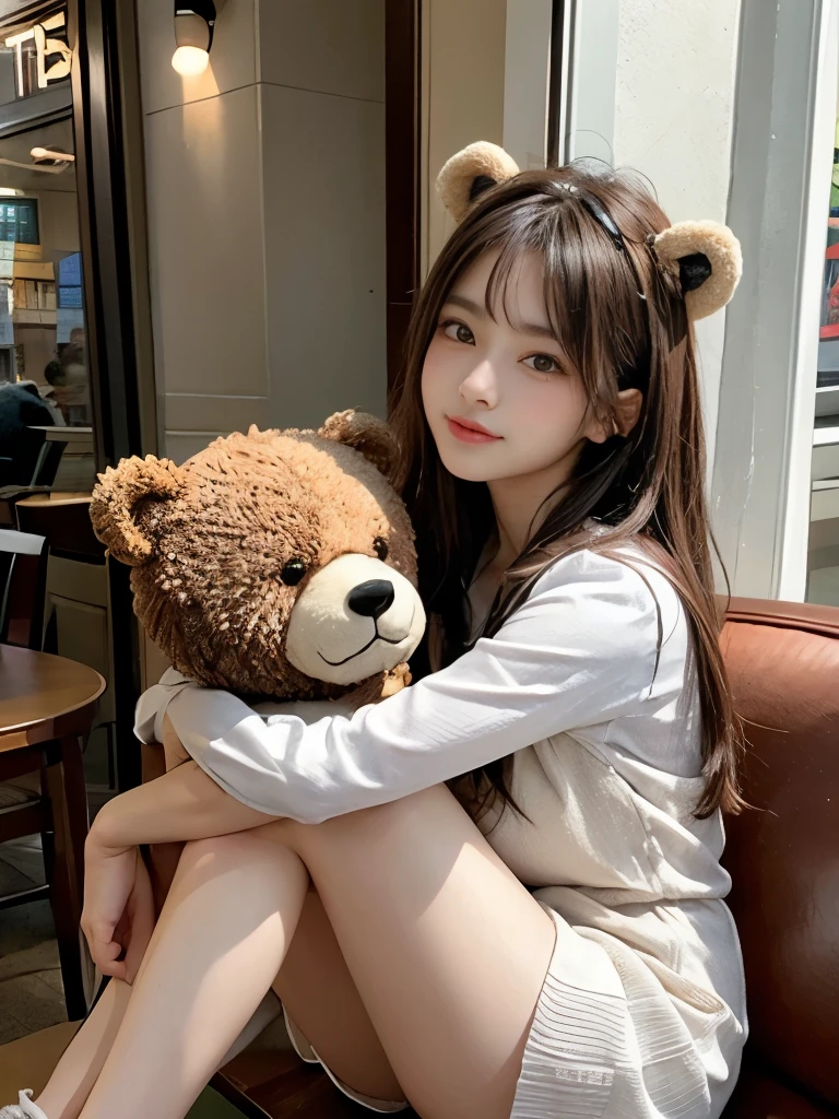 (((Fake bear ears))),(((Hug a teddy bear)))、Brown dress、Large Breasts、Cleavage, Brown long hair、See-through bangs、Cafe terrace seating, Sitting pose, Crossing your legs, Strike a pose gracefully, 8k original photo,High resolution,20-year-old Beautiful eyes for every detail,Long eyelashes,Beautiful double eyelids,eye shadow,eyeliner,Long, narrow eyes,Long, narrow eyes,Long, narrow eyesの形, Three cups of eyes,Cute smile、美しくてThin legs,Thin legs,