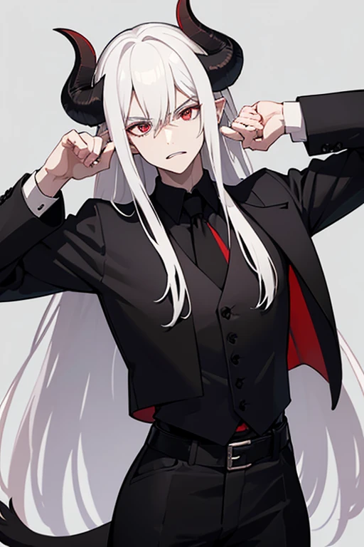 man with pale skin, crimson eyes, a bit long white hair and black goat-like horns and a manly, badass face. wearing a red shirt rolled up to the elbows, with a black dress vest buttoned on top, with black dress pants with a black tail that ends in a red triangle.