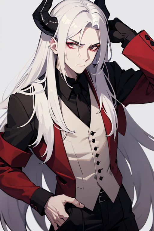 man with pale skin, crimson eyes, a bit long white hair and black goat-like horns and a manly, badass face. wearing a red shirt rolled up to the elbows, with a black dress vest buttoned on top, with black dress pants with a black tail that ends in a red triangle.