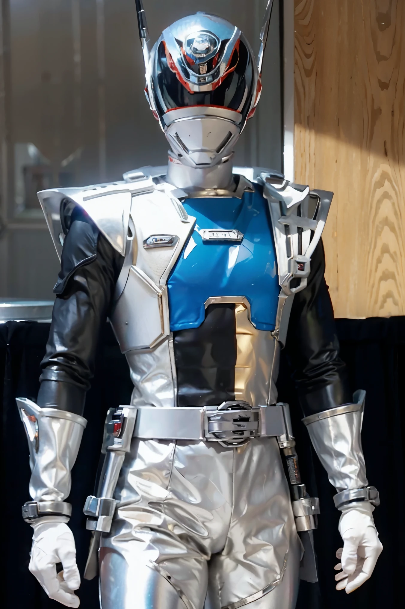Fantasy background, cafe rpg style, empty chair, table, set of tea glass, (power rangers)), One guy、, ((silver ranger suit)), red and blue chest armor with gold details, costume, Solo, ((fit figure)), (Anatomically correct), Cowboy shot, masked face, guns, muscular build