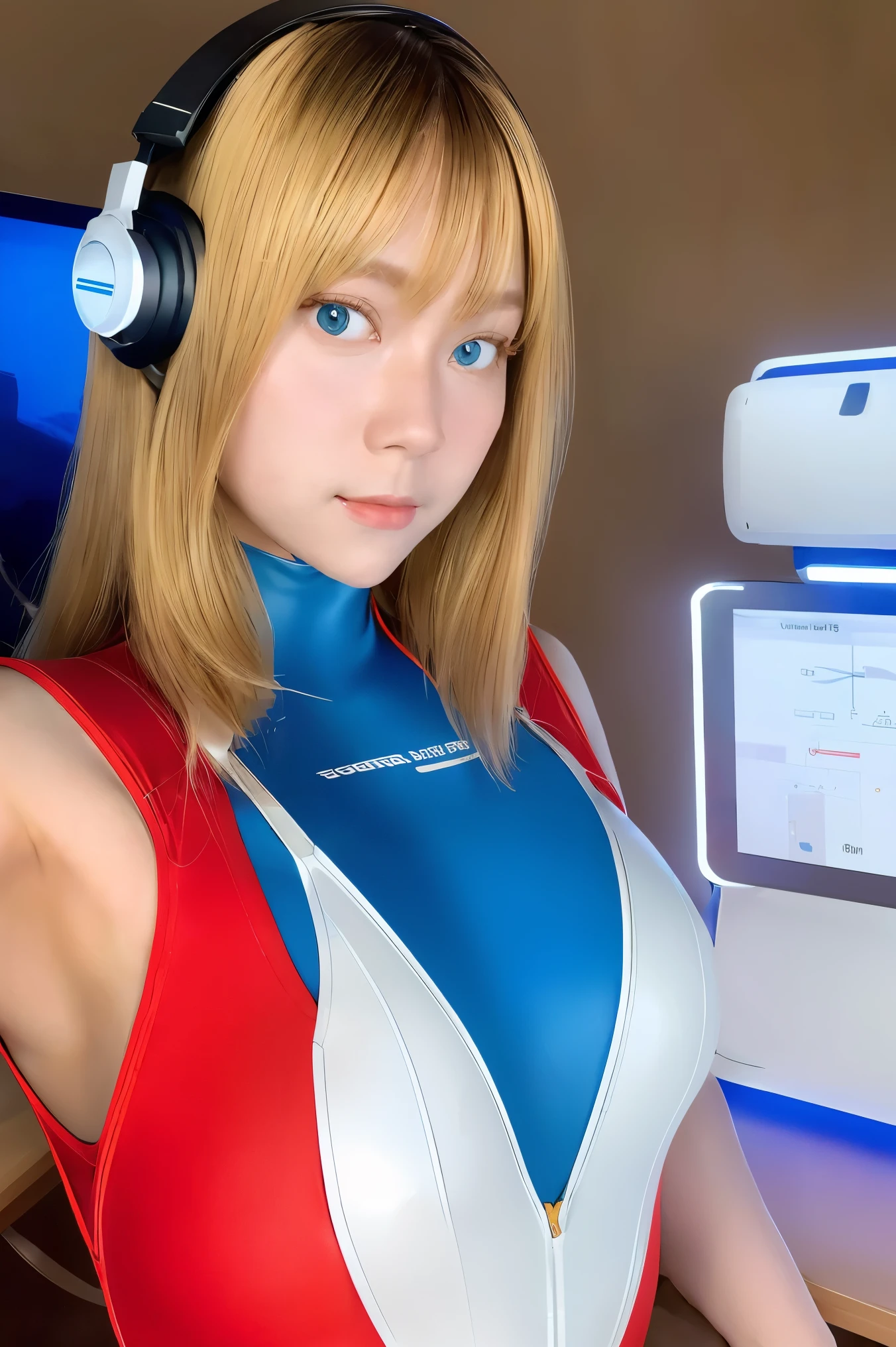 (Overhead view),dynamic angle,ultra-detailed, illustration, close-up, straight on, 1girl, 
 ((souryuu asuka langley, interface headset, red bodysuit:1.4, blonde)),Her eyes shone like dreamy stars,(glowing eyes:1.233),(beautiful and detailed eyes:1.1),(expressionless,closed mouth),(standing), 
(mechanic room with toolsand spaceship windowin a white SPACESHIP),
(night:1.2),dreamy, [[delicate fingers and hands:0.55]::0.85],(detail fingers),