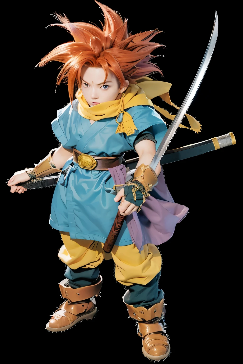 crono from chrono trigger, with katana, spiky red hair, blue robe, yellow scarf, blue sky and glass land  background