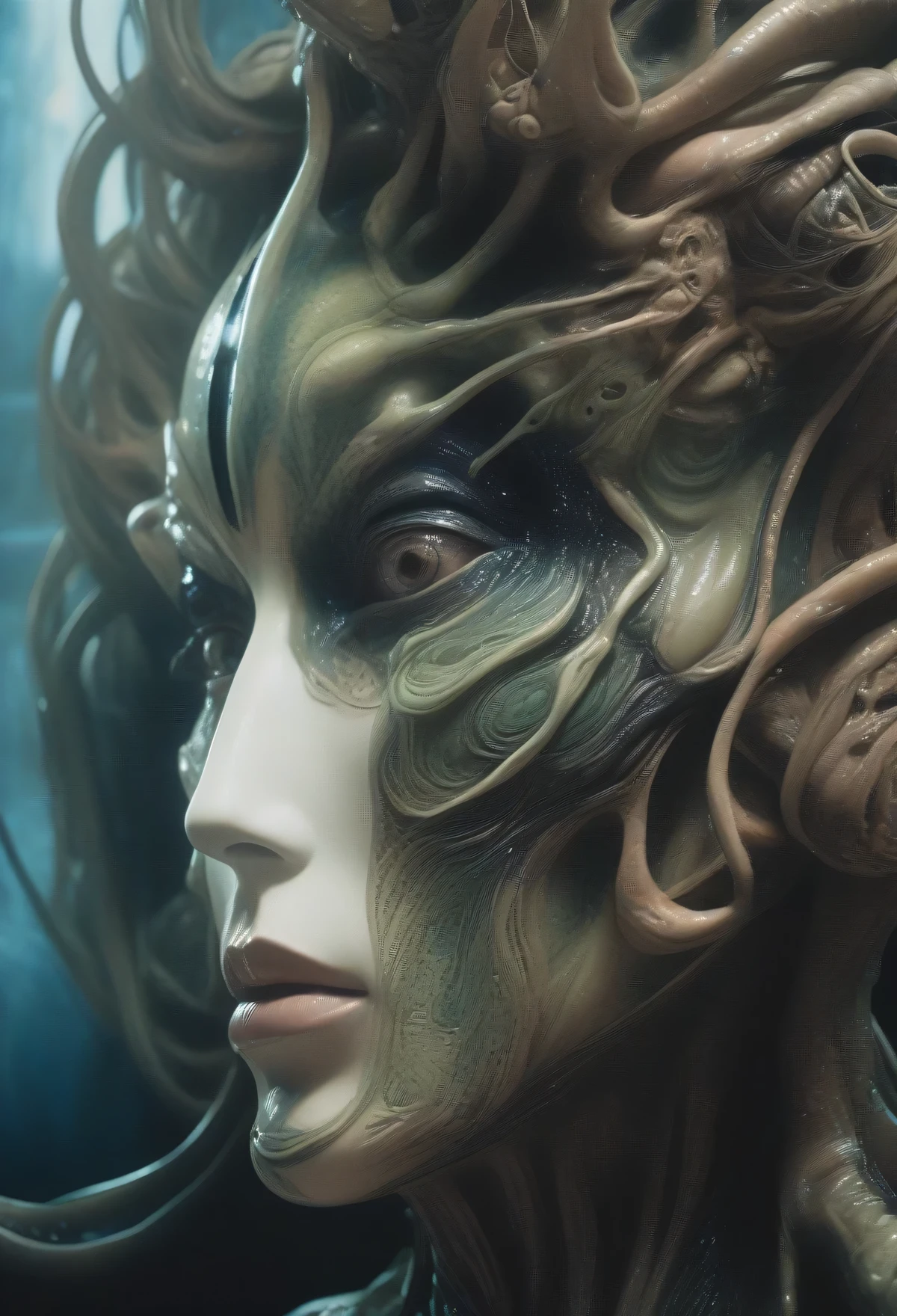 4k art photo, a close up of a person with a weird face, alien woman, female alien, a hyper-detailed alien, hg giger flora borsi, style of giger, alien portrait, subtle giger, portrait of a humanoid alien, giger inspired, alien art, inspired by Giger, psytrance and giger, in style of giger, Poster of Shuji Terayama, Suehiro Maruo's poignant style, weird style, slightly uneasy