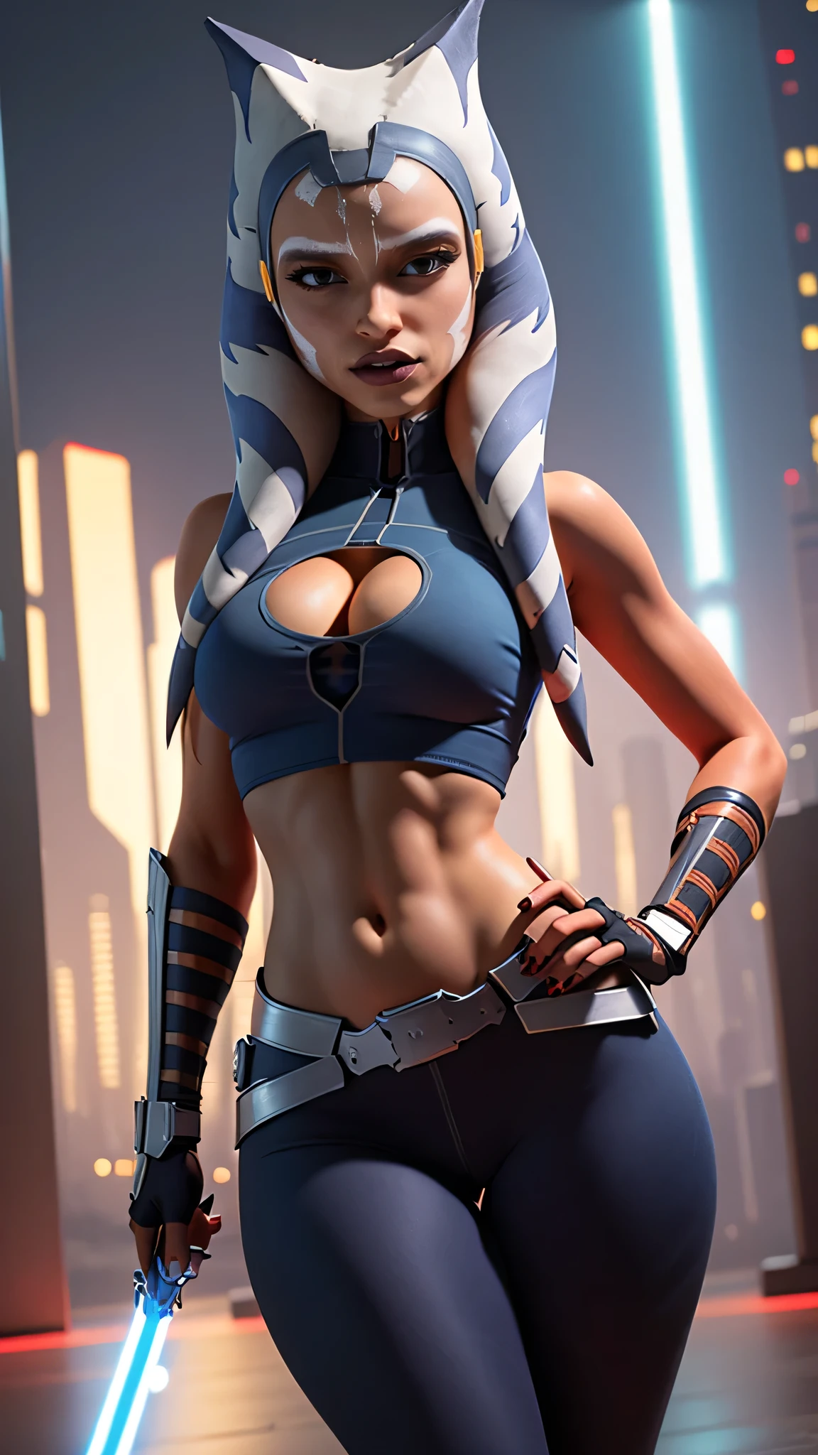  (Full portrait body:1.2), perfect woman figure, flirting, (masterpiece, best quality, ultra-detailed), (background The Night city of Coruscant, large skyscrapers, night), extremely detailed eyes, Ahsoka Tano, shining skin, blue eyes, makeup, (blue crop top), blue shirt, vambraces, fingerless gloves, ideal body, out fit top, perfect anatomy, long legs, perfect hips, blue leggings, large chest, A top with a cutout on the chest, (she holds a Jedi lightsaber in his hands), Fighting stance, good hands, Smooth fingers on the hands