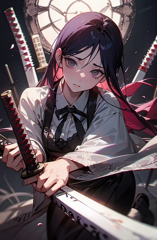 Cool women、sexy、Center of chest、Rize from Chainsaw Man、beauty、yandere、Samurai sword in hand、Japanese sword in hand、Lace clothes、