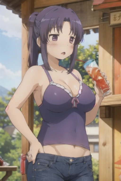 nonsensei,Jeans pants,Big Breasts,Blue swimsuit for the upper body only,Hold a drink in your left hand,Riverside,blush,Puzzled,