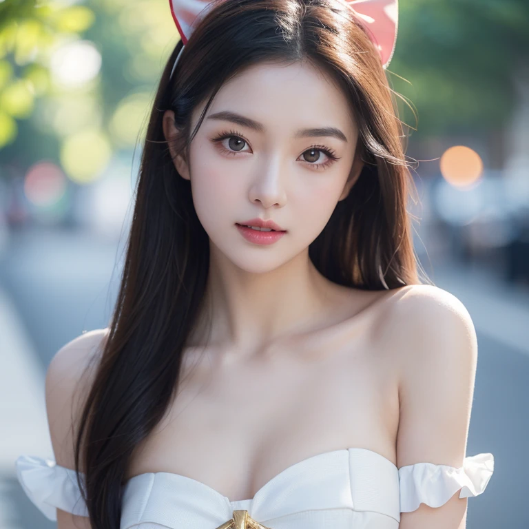 pretty girl: super cute;
Age: from 18-20 years old;
skin: ivory white, rosy and flawless;
hair: red, smooth, shimmering in the sunlight, clear details;
eyes: blue, almond-shaped, sexy, youthful, clear, super detailed, elegant, seductive, sharp makeup, realistic, eye-catching;
eyelids: delicate, perfect beauty;
Eyebrows: arched, sparse, sharp;
face: beautiful, pure, beautiful like a fairy, light makeup, lovely, perfectly balanced, beautiful in every detail;
nose: pretty, lovely, high;
Cheekbones: prominent;
lips: seductive, lovely turquoise lip gloss;
Teeth: smile brightly, pure white;
body: full of youth, well-fitting clothes;
((clothes: stylishly tattered, seductive));
Photo quality: non-NSFW, 8K CG HD, sharp, super beautiful graphics, professional, detailed, vibrant colors, super smooth, advanced techniques, true RAW;
lighting: complex color scheme, golden-black rays;
((background: crowded, modern street));
((sunlight sparkles all over the girl's body));
((Girl dressed as a Snow White with a red bow, standing next to a beautiful vampire queen, realistic cosplay style))