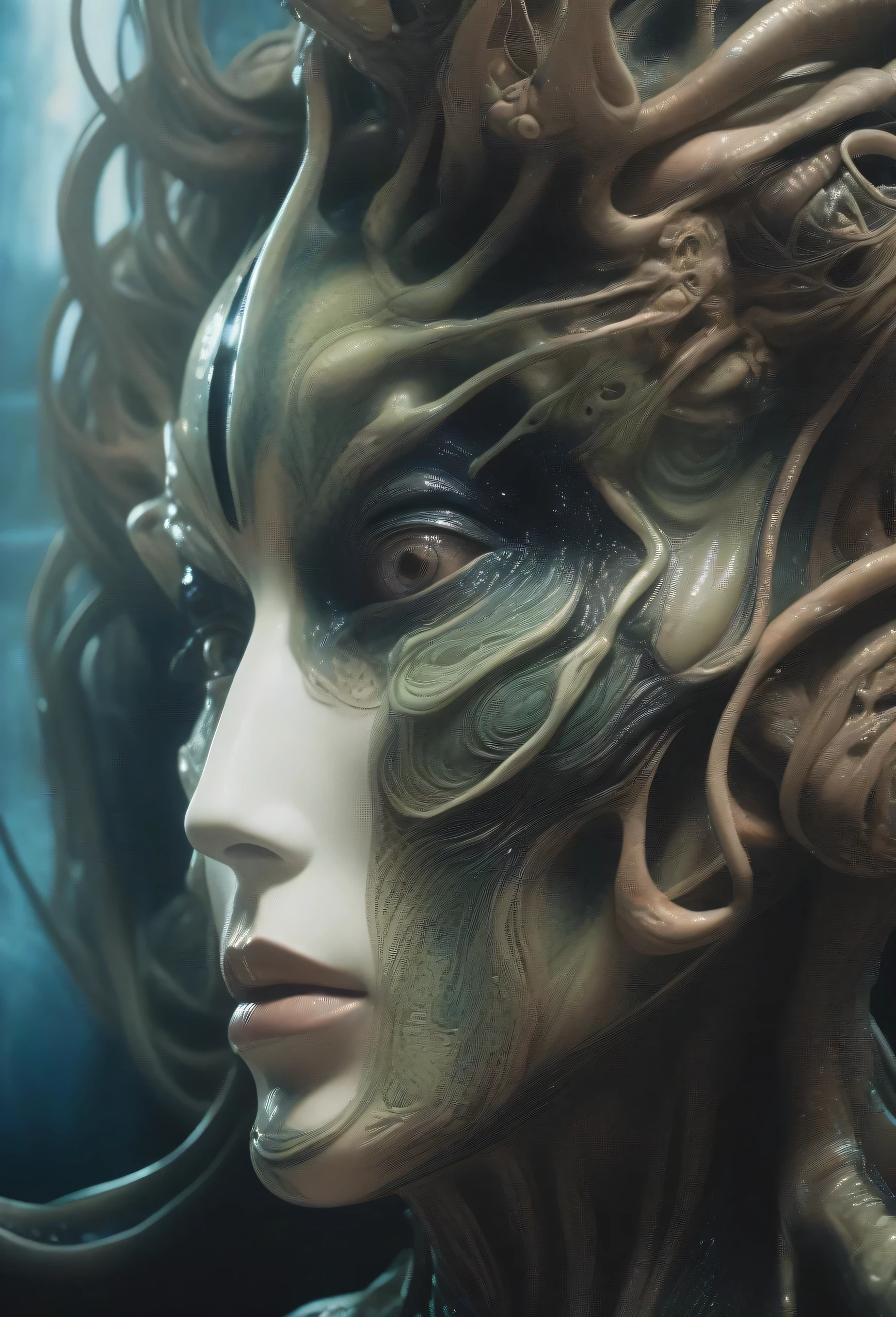 4k art photo, a close up of a person with a weird face, alien woman, female alien, a hyper-detailed alien, hg giger flora borsi, style of giger, alien portrait, subtle giger, portrait of a humanoid alien, giger inspired, alien art, inspired by Giger, psytrance and giger, in style of giger, Poster of Shuji Terayama, Suehiro Maruo's poignant style, weird style, slightly uneasy
