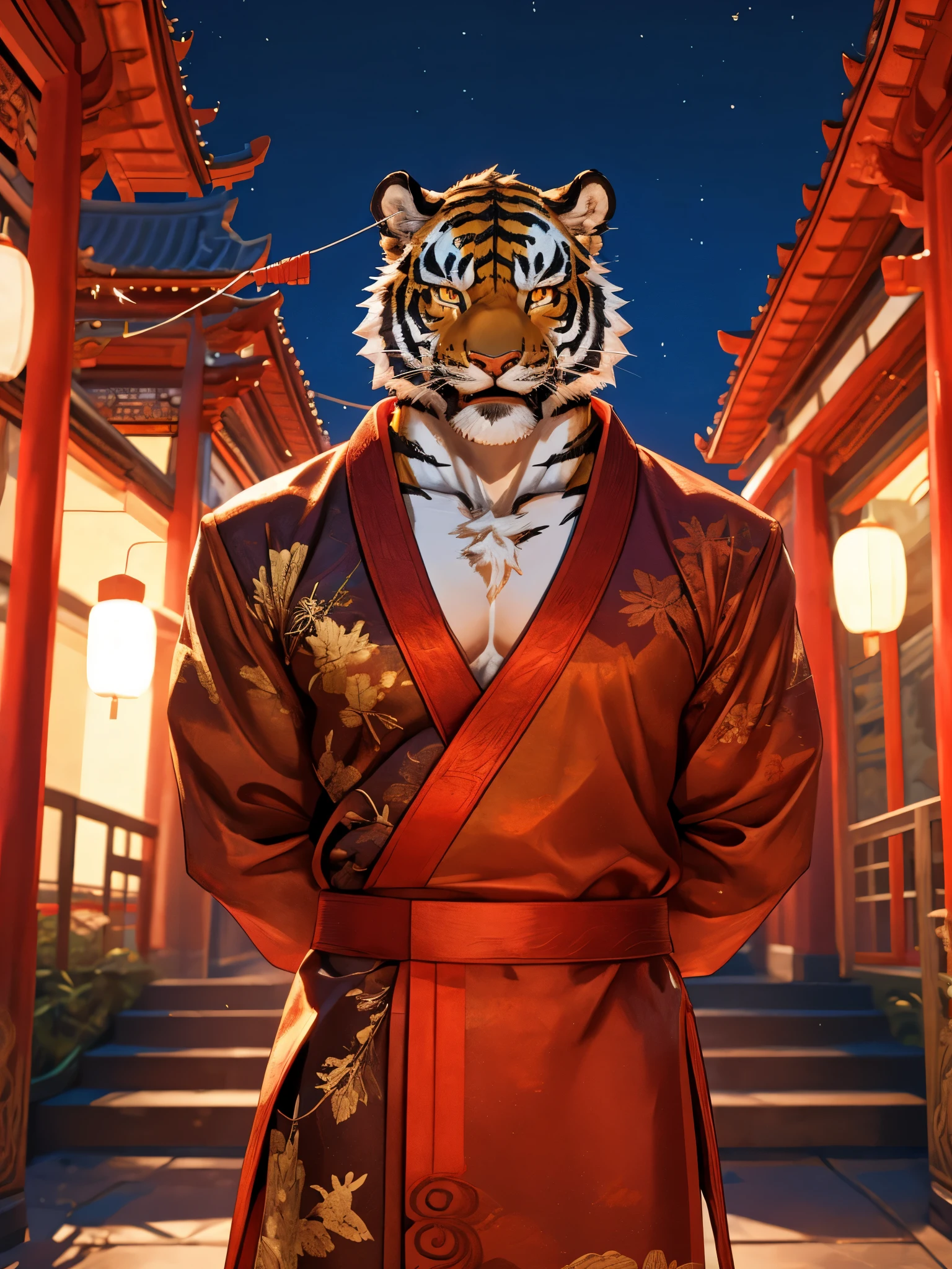 Close up, there's a teenager tiger in traditional Chinese outfit, bare chest, Sexybody, Muscular, veins, full body, anthropomorphic, extra detailed body, detailed body, Best quality, masterpiece, ultra high res,detailed background,realistic, real shadow and light, depth of field, (looking at viewer), (hands behind back), open chest, open mouth, golden eyes, angry face, Chinese outfit, evening, maple tree, Windy, maple leaves.