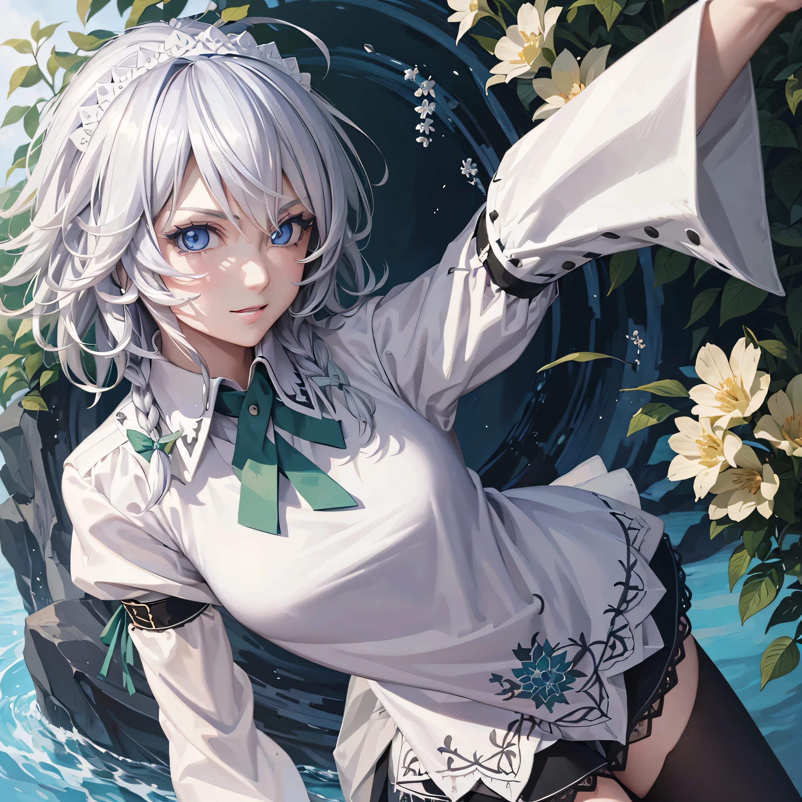1girl,sense of deps,,catch light,super beautiful illustrations, eye shadow,Upper body,;D,beautiful ,(Delicate and detailed eyes), ,solo, Sakuya izayoi, silver hair, maid dress, white apron, very short skirt, sexy pose,, sleeveless outfit, detailed face, detailed eyes, fresh blue eyes, big green ribbons, blue outfit, small-to-medium breasts, white hair, bowtie girl, white maid headband,
