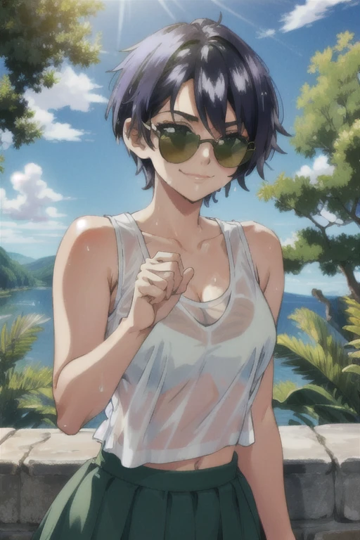 masterpiece, (sharp focus), a young woman with short hair, hair strain in between eyes, age 23, cool haircut, wearing sunglasses, white tank top, (see through tank top, wet tank top), flowing green skirt, front view, confident smirk, sunbeams, warm atmosphere, high quality, dynamic lighting, 8k uhd, full-size picture, full-body picture, (perfect hands)